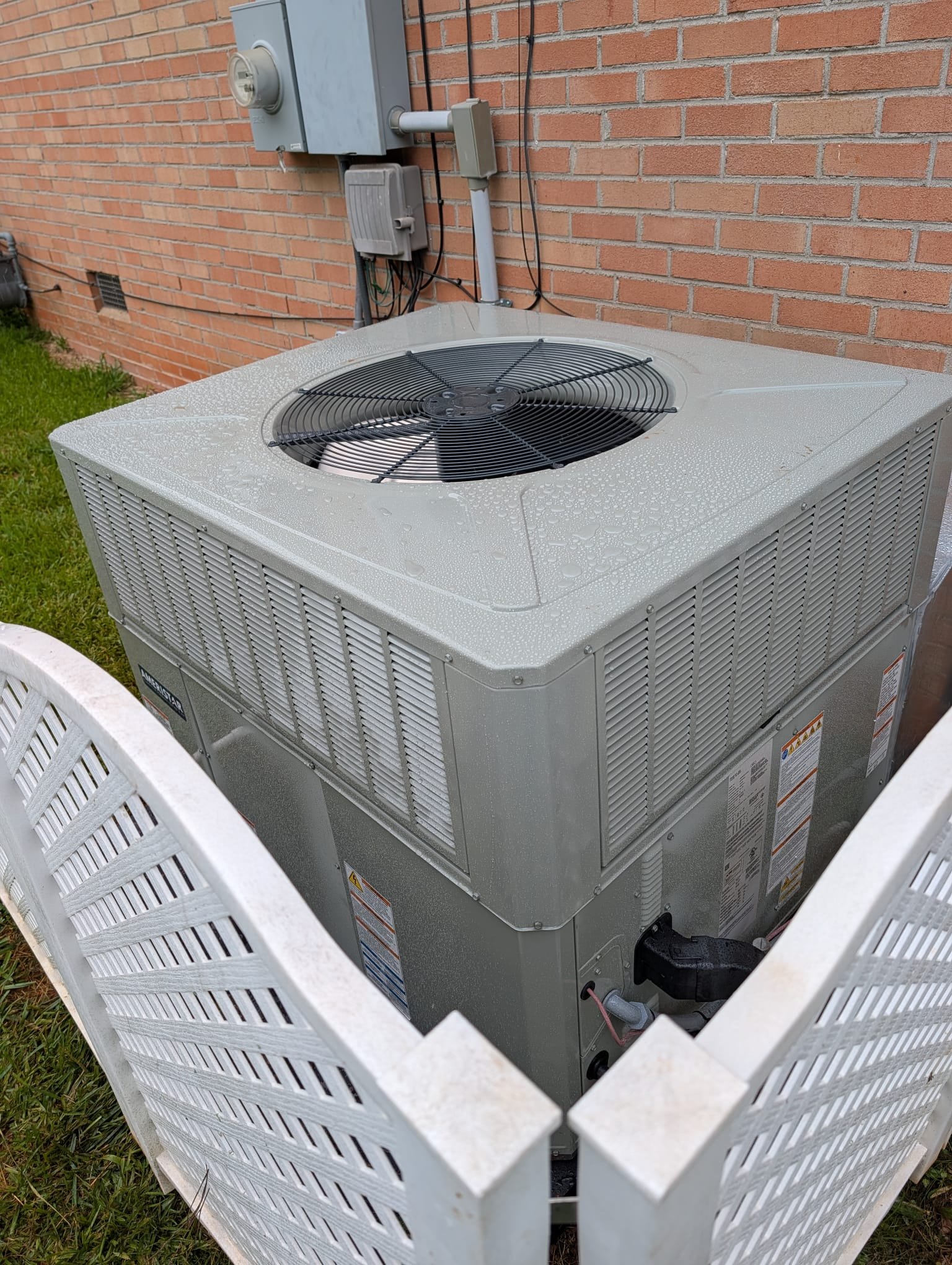 Replaced 2.5 ton gas package unit. Replaced pad, whip. Reconnected ductwork and gas line. Installed 20x20x4 Aprilaire cabinet inside of package unit on return side. Replaced flashing and sealed with silicone. Verified operation in cooling mode. System is operational at time of departure.