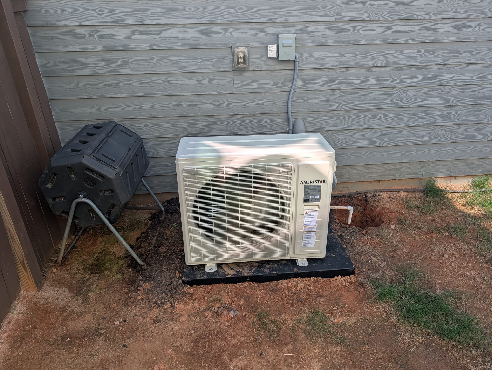 Removal of existing equipment and installation of 3 Ton 16 seer, side discharge variable speed, blower air handler with auxiliary

Replaced 3ton heat pump air handler with new 16 seer side discharge system and variable speed air handler. Replaced pad, disconnect, whip both thermostats, 20x20x4 Aprilaire filter, and pan. Removed fresh air box from system. Dug a hole for the drain line to drain into. Homeowner stated that the upstairs office and the 2 rooms across from that are way hotter than the rest of the upstairs. Checked runs for manual dampers and found that the duct system was installed without them. Installed surge protector on outdoor unit. Verified operation in cooling mode. System is operational at time of departure.