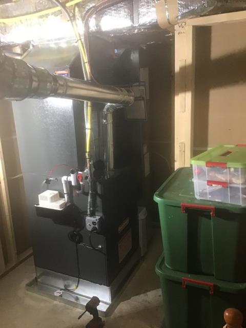 Set new unit in ne auxiliary drain pain on furnace return box. Installed aprilaire 2410 filter rack and connected return to unit. Built custom supply transition. Ran new lineset from indoor unit to outdoor unit. Adapted to existing gas line and leak checked. Ran new condensate drain with Ez trap safety switch to new condensate pump with wet switch in pan. Made high and low voltage connections to unit. Wired safeties in series to break 24v R call to thermostat. Ran new 4” smoke pipe to existing chimney base. 

Set new unit on new pad and leveled. Hung new disconnect box and sealed to wall. Piped in new lineset to unit. Brazed pressure tested evacuated and charged system. Made all high and low voltage connections to unit. Performed all test out procedures cleaned all work areas and reviewed installation with homeowner.