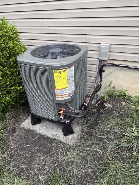 .installed new Trane airhandler and heat pump outdoor. Hung air handler in basement using unit strut. Installed drain pan beneath air handler. Installed new wet switch in drain pan. Ran new condensate line with ez trap and condensate pump. Ran vinyl from condensate pump to washer drain located in basement. Installed new ecobee lite thermostat and wired in low volt with safeties. Adapted high volt and installed new 240v switch. Adapted supply and installed filter box on return. Tapped/ caulked return and supply. Ran new line set and connected to new equipment. Installed new trane heat pump on leveled pad with snow legs. Installed new disconnect with surge protector and wired into outdoor unit. Cleaned up work area and tested out equipment.