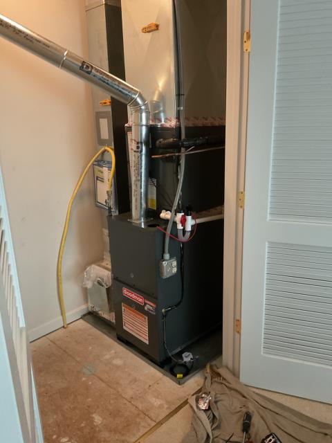 Kennett Square, PA - Installed new furnace and indoor coil in existing pan, reconnected to the return duct and installed a new supply plenum. Adapted to existing gas piping, adapted to existing condensate drain line, installed a new ez trap and wet switch. Installed new 4 inch metal flue piping for exhaust. Installed new Honeywell T6 thermostat. Installed blower motor surge protector.
Installed new air conditioner in existing location on a new concrete pad. Installed mars disconnect. Flushed refrigerant line set, adapted to existing line set brazed system in, pressure tested to 350psi and leak checked all joints before evacuated system down to 500 microns.
Tested all functions of the system, working great at time of completion.
Need to install the mars surge protector into the disconnect at Q/A.
Kennett Square, PA - Installed new furnace and indoor coil in existing pan, reconnected to the return duct and installed a new supply plenum. Adapted to existing gas piping, adapted to existing condensate drain line, installed a new ez trap and wet switch. Installed new 4 inch metal flue piping for exhaust. Installed new Honeywell T6 thermostat. Installed blower motor surge protector.
Installed new air conditioner in existing location on a new concrete pad. Installed mars disconnect. Flushed refrigerant line set, adapted to existing line set brazed system in, pressure tested to 350psi and leak checked all joints before evacuated system down to 500 microns.
Tested all functions of the system, working great at time of completion.
Need to install the mars surge protector into the disconnect at Q/A.
