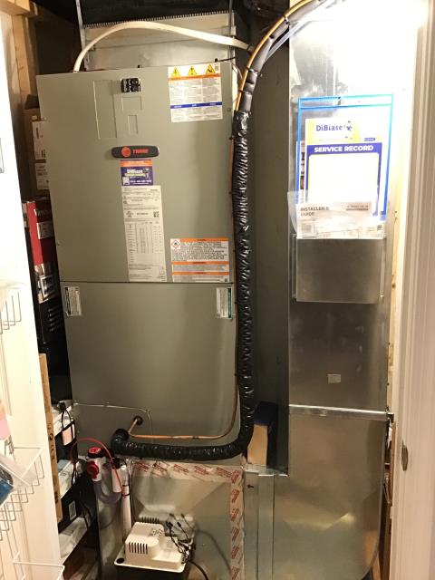 Installed new Trane air handler with 10 kw heat kit. Reused return drop and adapted to supply plenum. Connected to existing electrical for high volt. New condensate pump, EZ trap and blower surge protector. Installed Ecobee premium thermostat.

Installed new Trane outdoor 3 ton heat pump on 6 inch risers. Installed rectorseal power monitoring disconnect. Flushed lineset and pressure tested. Charged and adjusted pressures appropriately. 
