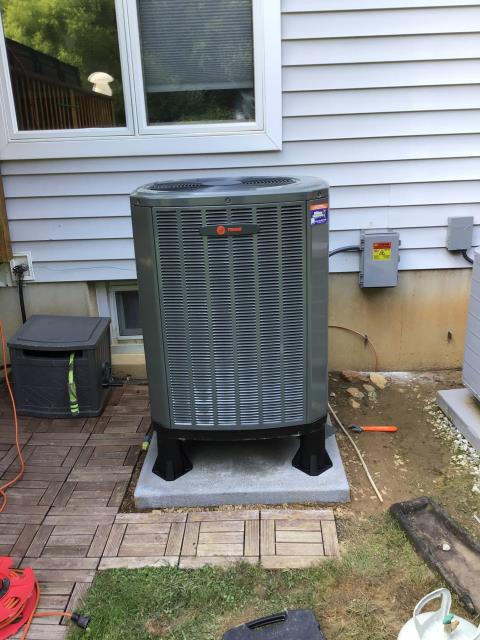 Installed new Trane air handler with 10 kw heat kit. Reused return drop and adapted to supply plenum. Connected to existing electrical for high volt. New condensate pump, EZ trap and blower surge protector. Installed Ecobee premium thermostat.

Installed new Trane outdoor 3 ton heat pump on 6 inch risers. Installed rectorseal power monitoring disconnect. Flushed lineset and pressure tested. Charged and adjusted pressures appropriately. 