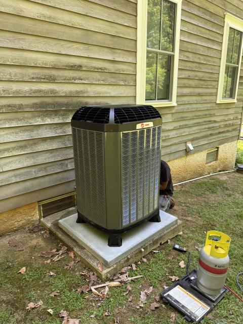 Installed new trans heat pump air handler. Hung air handler with all thread. Adapted return and supply. Tapped/ caulked return and supply.  Adapted high volt and installed new 240v switch and outlet. Ran new condensate line with ez trap and condensate pump. Ran new vinyl tubing from pump to outside. Reused existing thermostat and wired in low volt with safties. Ran new line set and connected to new equipment. Installed new recto seal disconnect with surge protector and wired into outdoor unit unit. Cleaned work area and tested out equipment. Ran new wire for thermostat and programmed for A/C only with boiler as heat.