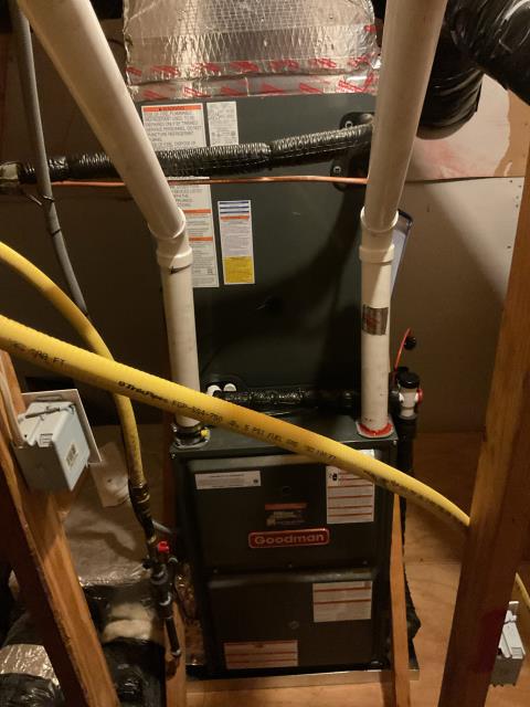 Installed new Goodman furnace and indoor coil in a new auxiliary drain pan. Reconnected return and supply ducts. Adapted to gas from gas valve to the unit, installed a new ez trap and wet switch, insulated drain line. Installed a motor surge protector.

Installed new Goodman air conditioner on a new concrete pad, installed mars disconnect with a built in surge protector. Flushed refrigerant lines, adapted to refrigerant lines and brazed them in, pressure tested to 350psi and leaked checked all joints before evacuating the system down to 500 microns. Added 1 lbs 8oz.

Tested all functions of the equipment, working good at time of completion. 