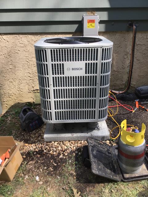 Installed new Bosch coil. Adapted to supply plenum. New EZ trap and vinyl with a condensate pump. Installed 1 Ecobee Lite thermostat on system that was worked on. Tested all operations and cleaned work area.

Installed new 5 ton Bosch heat pump with new pad and heat pump risers. Installed rectorseal power monitoring disconnect. Replaced lineset. Adjusted refrigerant charge to the appropriate readings and cleaned work area. 
