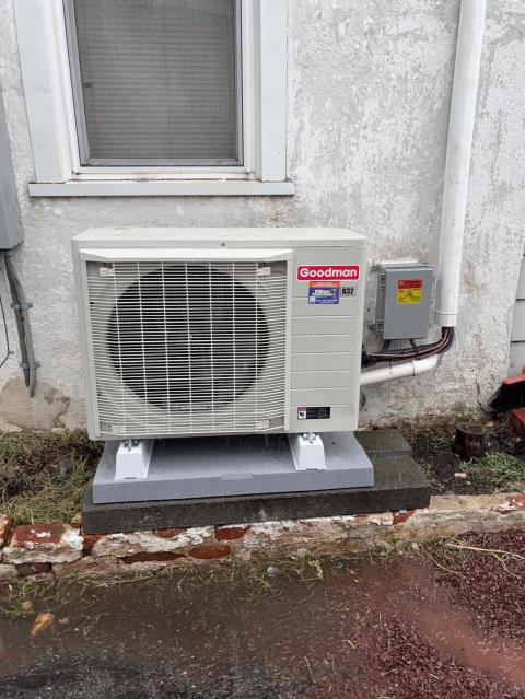 Installed new Goodman air handler and heat pump outdoor. Adapted return and supply. Tapped/caulked return and supply. Wired in high volt and installed new 240v switch. Adapted condensate line and installed new ez trap. Installed new daikin thermostat and wired in low volt with safeties. Insulated all patch pieces and placed air handler in new condensate pan with wet switch. Ran new line set and connected to new equipment. Reused new existing line hide. Installed new sectoral disconnect and wired into outdoor unit. Cleaned up work area and tested out equipment. Did not collect payment. 