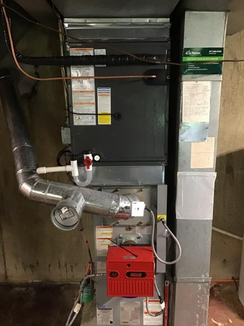 Set new coil on new pizza box on existing furnace. Built custom supply plenum. Ran new lineset from outdoor unit to indoor coil. Adapted to existing gravity drain with new ez trap. Installed new dragonfly board and wired for A2L mitigation. Wired ez trap safety in series to break 24v R call to thermostat.

Set new unit on new pad and leveled. Hung new mars disconnect box with surge protector and sealed to wall. Piped in new lineset to outdoor unit. Brazed pressure tested evacuated and charged system. Made all high and low voltage connections to unit. Performed test out procedures cleaned all work areas and reviewed installation with homeowner.