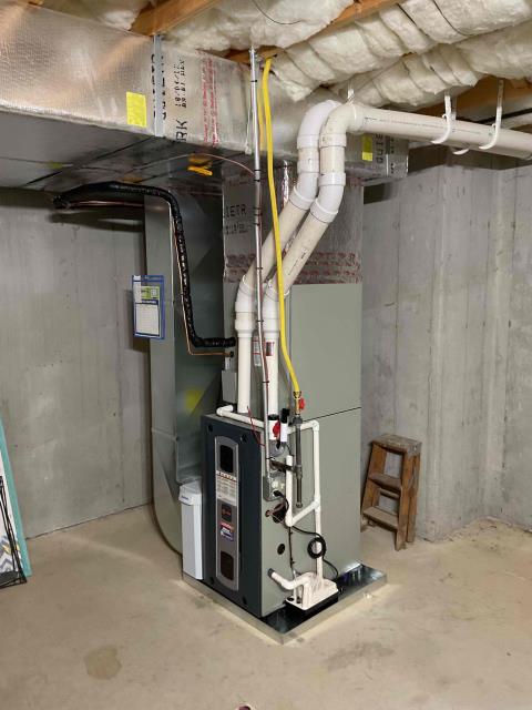 Installed new Trane gas furance. Adapted to supply plenum. Installed new metal return. Installed new aprillaire return filter. Installed new condensate pump, ran new vinyl to sub pump. Installed new Ez-trap. Installed new outlet and switch. Adapted to existing venting. Brazed in new lineset. Installed motor surge protector. Adapted to existing gas line. 

Installed new Trane heat pump. Leveled ground and placed new concrete pad. Ran new lineset and brazed in to new outdoor unit. Pressure tested and pulled vacuum. Installed new rectorseal and ran new whip to outdoor. Caulked lineset hole, and charged system. Preformed test out procedures, system is working at time of install.

Will need to come back and install 1/2 vinyl from flues to condensate. 
