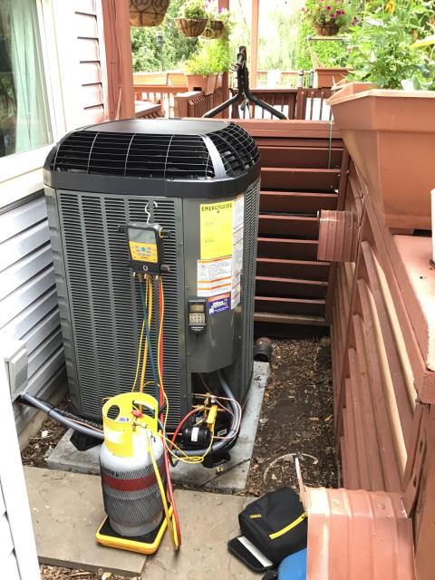 Set new unit on new return box. Adapted to supply and installed new return drop with aprilaire 2410 filter rack. Installed new aprilaire humidifier in return. Ran new copper lineset from indoor to outdoor unit. Installed new 10kw heat kit. Made all high and low voltage connections to unit. Ran new condensate drain with eztrap to new condensate pump with new vinyl running to point of indoor discharge. Installed apcox uv light. 

Set new unit on new pad and leveled. Hung new disconnect box with surge protector and sealed to wall. Piped in new copper lineset to unit. Brazed pressure tested evacuated and charged system. Made all high and low voltage connections to unit. Performed all test out procedures cleaned all work areas and reviewed installation with homeowner.