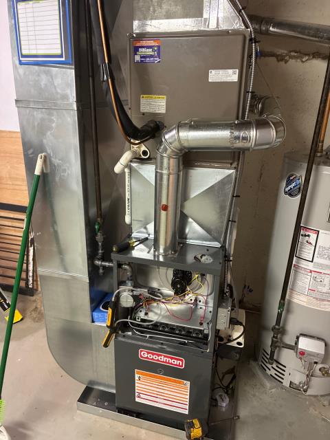 Installed new Goodman gas furnace. Placed indoor unit in drain pan with wet switch. Built new return and supply. Tapped/caulked return and supply. Adapted metal flu pipe to chimney. Adapted high volt and installed new outlet and switch. Adapted condensate line and reused existing pump. Installed new ecobbe thermostat and wired in low volt with safeties. Adapted gas line to new unit. Cleaned up work area and tested out equipment.