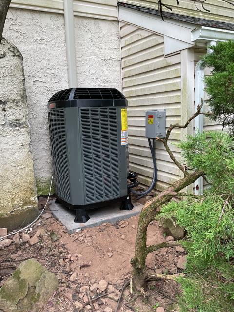 Installed new Trane air handler in a new auxiliary drain pan.installed a new Aprileair filter box on the return. Adapted to supply and return ductwork. Re wrap supply duct work and return box with new insulation. Installed a new eztrap and wet switch for the condensation drain. Installed a new 240v switch. Installed a new ecobee light thermostat with a new 18/8 wire. Installed new breaker for the air handler in the sub panel. 

Installed new Trane heat pump on a new concrete pad and new heat pump legs. Installed new tan line hide and ran new refrigeration line set from outdoor unit to indoor unit. Brazed all connections and pressure tested to 350psi and leak checked all connections before evacuating system down below 500 microns. Installed a new rectorseal disconnect with built in surge protector.