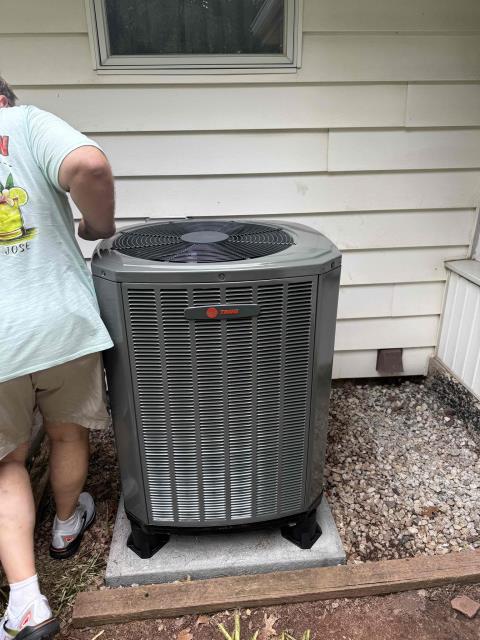 Installed new trane airhandler with 10kw heat kit. Reused return and adapted supply. Tapped/caulked return and supply. Adapted high volt and installed new 10kw kit. Installed new ecobee light and wired in low volt with safeties. Ran 14/2 wire to panel and installed breaker for an outlet to use condensate pump at unit. Reused existing outlet for condensate pump. Adapted condensate line and installed new ez trap and pump. Ran new vinyl tubing from pump to sump pump located in basement. Flushed existing line set and connected to new equipment. Installed new heat pump outdoor on leveled pad and snow legs. Installed new recto seal disconnect and wired into outdoor unit. Cleaned up work area and tested out equipment. Job is financed, no payment collected. 