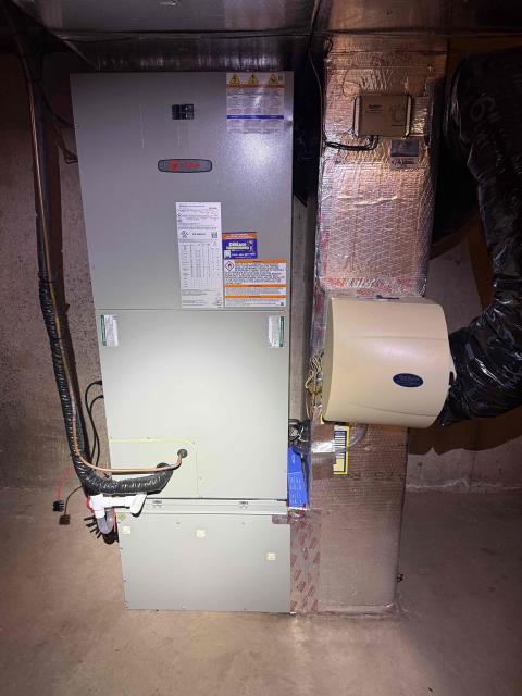 Installed new trane airhandler with 10kw heat kit. Reused return and adapted supply. Tapped/caulked return and supply. Adapted high volt and installed new 10kw kit. Installed new ecobee light and wired in low volt with safeties. Ran 14/2 wire to panel and installed breaker for an outlet to use condensate pump at unit. Reused existing outlet for condensate pump. Adapted condensate line and installed new ez trap and pump. Ran new vinyl tubing from pump to sump pump located in basement. Flushed existing line set and connected to new equipment. Installed new heat pump outdoor on leveled pad and snow legs. Installed new recto seal disconnect and wired into outdoor unit. Cleaned up work area and tested out equipment. Job is financed, no payment collected. 