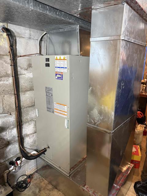 Installed new trane air handler and heat pump outdoor. Installed new return and supply. Tapped/ caulked return and supply. Adapted high volt and installed new single point entry kit and 15kw heat kit. Ran new condensate line with ez trap and pump. Installed new ecobee thermostat and wired into outdoor unit low volt with safeties. Ran new line set and connect to new equipment. Installed new heat pump outdoor on leveled pad and snow legs. Installed new recto seal disconnect and wired into outdoor unit. Cleaned up work area and tested out equipment. Installed new trane air handler and heat pump outdoor. Installed new return and supply. Tapped/ caulked return and supply. Adapted high volt and installed new single point entry kit and 15kw heat kit. Ran new condensate line with ez trap and pump. Installed new ecobee thermostat and wired into outdoor unit low volt with safeties. Ran new line set and connect to new equipment. Installed new heat pump outdoor on leveled pad and snow legs. Installed new recto seal disconnect and wired into outdoor unit. Cleaned up work area and tested out equipment.
