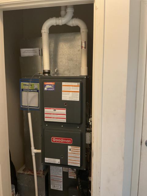 Installed new downflow Goodman gas furnace. Foam taped top of coil and placed new furnace on coil. Installed propane burners on new unit and installed new low pressure cutoff switch. Adapted to existing gas line and checked for leaks. Reconnected existing return. Adapted to existing venting. Piped in coil and brazed in. Adapted to existing gravity drain. Installed new thermostat and programmed.
Installed new Goodman outdoor unit. Leveled ground and placed new concrete pad down. Flushed line set. Adapted to existing line set and piped in outdoor. Pressure tested and pulled vacuum. Installed new rectorseal with voltage monitor. Charged system and cracked valves. Preformed all test out procedures. Installed new downflow Goodman gas furnace. Foam taped top of coil and placed new furnace on coil. Installed propane burners on new unit and installed new low pressure cutoff switch. Adapted to existing gas line and checked for leaks. Reconnected existing return. Adapted to existing venting. Piped in coil and brazed in. Adapted to existing gravity drain. Installed new thermostat and programmed.
Installed new Goodman outdoor unit. Leveled ground and placed new concrete pad down. Flushed line set. Adapted to existing line set and piped in outdoor. Pressure tested and pulled vacuum. Installed new rectorseal with voltage monitor. Charged system and cracked valves. Preformed all test out procedures.