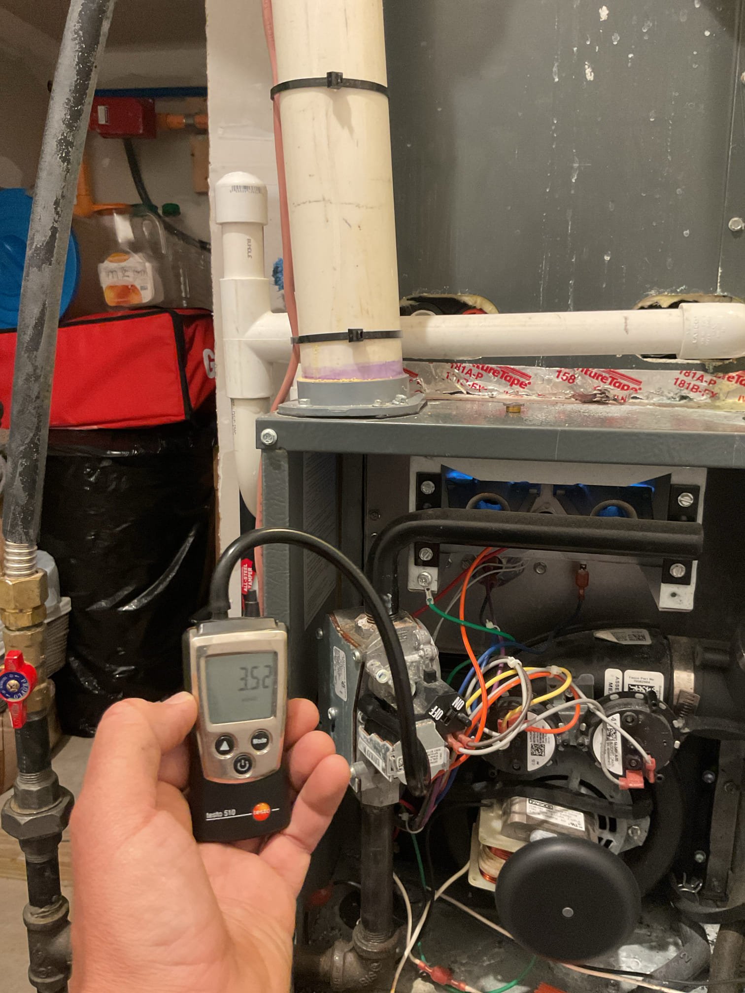 Completed heat tune up for natural gas furnace.
16x25x1 filter in good condition, left additional on site
Inspected heat exchanger, burners, flue pipe, inducer assembly and hoses
Inspected hot surface ignitor and verified resistance with meter
Cleaned flame sensor and verified flame rectification circuit
Measured temperature rise and static pressure
Checked wiring, controls, electric motors and components; there are no surge protectors; left estimate for a surge protector for each of the 2 main circuits of system
Checked manifold gas pressure: 3.5”
Inspected drains. There is no overfill protection switch. Left email estimate for EZ trap. There is a float style pan/flood switch. Left email estimate for wet switch which is a more reliable flood safety.
Combustion, draft and smoke tests: Pass
Also left estimate for APCOX whole home air treatment system. Lifetime warranty on equipment, replace bulb every 3 years. UL listed for 0 ozone emission.
I also packaged the estimates into a pr
Completed heat tune up for natural gas furnace.
16x25x1 filter in good condition, left additional on site
Inspected heat exchanger, burners, flue pipe, inducer assembly and hoses
Inspected hot surface ignitor and verified resistance with meter
Cleaned flame sensor and verified flame rectification circuit
Measured temperature rise and static pressure
Checked wiring, controls, electric motors and components; there are no surge protectors; left estimate for a surge protector for each of the 2 main circuits of system
Checked manifold gas pressure: 3.5”
Inspected drains. There is no overfill protection switch. Left email estimate for EZ trap. There is a float style pan/flood switch. Left email estimate for wet switch which is a more reliable flood safety.
Combustion, draft and smoke tests: Pass
Also left estimate for APCOX whole home air treatment system. Lifetime warranty on equipment, replace bulb every 3 years. UL listed for 0 ozone emission.
I also packaged the estimates into a pr