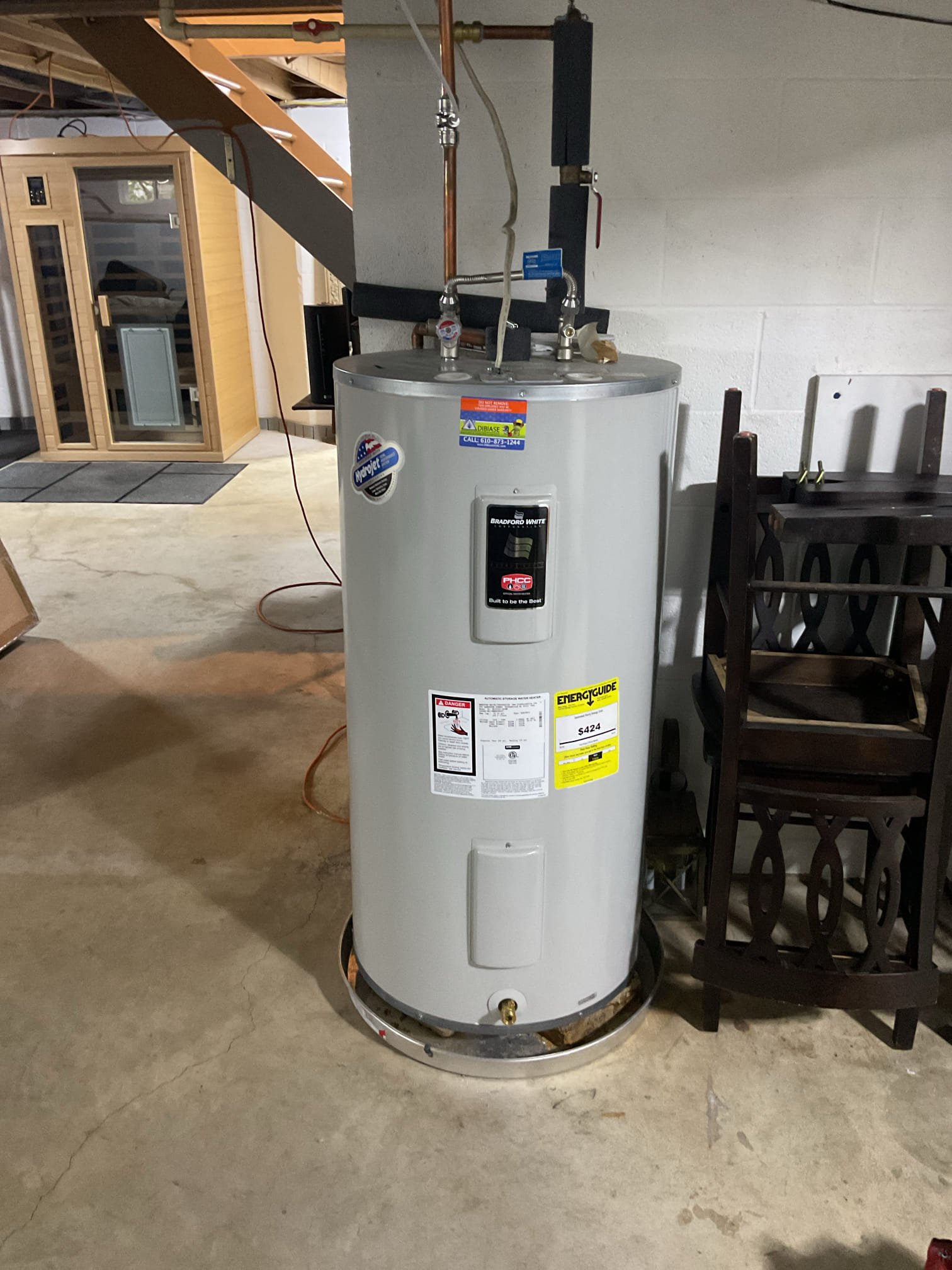 Found water heater Only putting out 102 degrees. Took off covers and found small leak in tank itself and insulation was wet. Found bottom thermostat is also bad because of the leaking tank and also after talking to homeowner he would like more hot water, recommend installing a 50 gallon power vented propane water heater. Provided options 