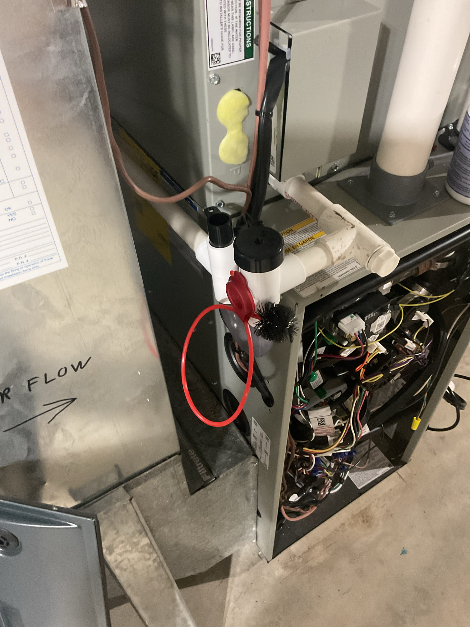Gas furnace tuneup on a 90% furnace .
Checked the air filter and replaced . I Checked  the wiring connections and the voltages . Flushed the drain lines and furnace traps and inspected the condensate pump. Inspected the burners  and flame sensors and cleaned . Inspected the flue pipes for leaks and bellies. checked the thermostat in heating mode  and checked  the gas pressures and the furnace safeties.  checked the motor amps on the inducer operation and blower motors. Took indoor heat temp rise and tested  for combustion on the system. Also looked at heat pump operation. The furnace is  in good working order at this time of service. 
