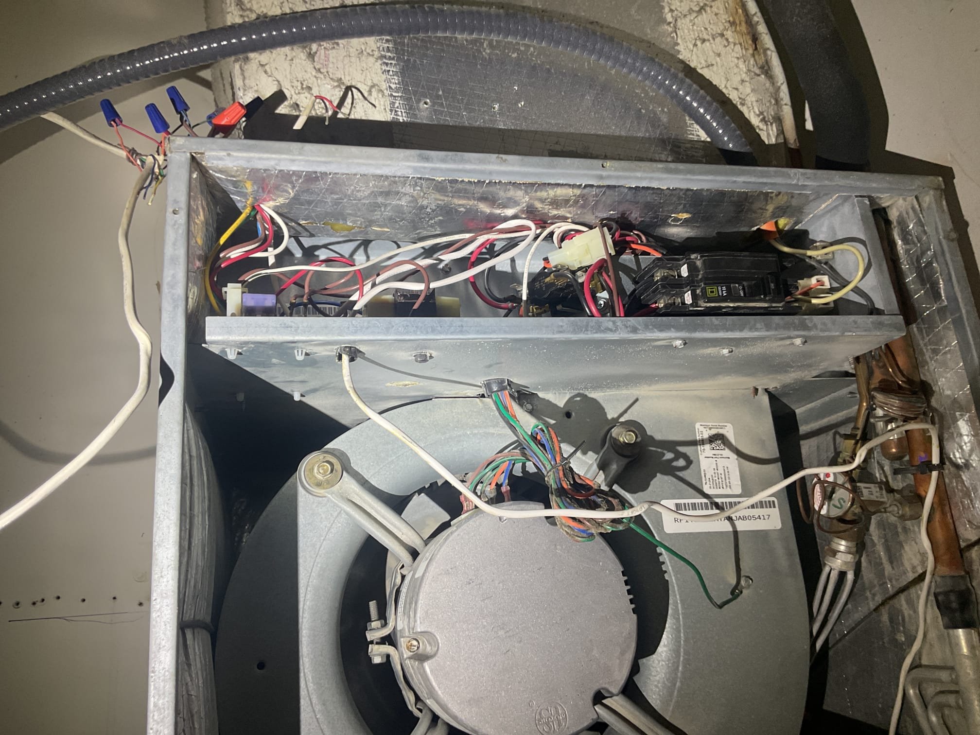 Fully assessed no cooling situation. Found water leaking from ceiling above, maintenance found it was coming from the water heater above. Found burnt up transformer and failed control board. Replaced components and found that maintenance replaced thermostat themselves. Found wiring from outside to inside needed to be changed to to strip heater was constantly running. Changed white to outside to green wire and common to black. Tested operation in cooling mode. A/c is now working properly at time of service. 