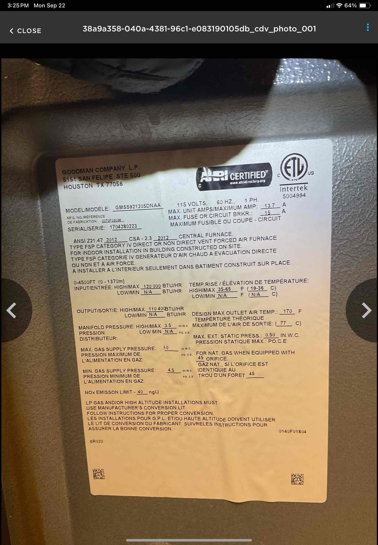 9-22-25 Luis Heat Tune ups on 3 heaters, Replaced 16x25x1 filter for Luxaire system above back hallway and other two units Goodman and carrier For EACH system Inspected wiring and controls, Measured temperature rise and static pressure. Cleaned flame sensors Checked ignitor ohms. gas pressures. Combustion and draft tests. I also clean lux aire indoor coil used coil cleaner all unit are working within manufacture specifications.  9-22-25 Luis Heat Tune ups on 3 heaters, Replaced 16x25x1 filter for Luxaire system above back hallway and other two units Goodman and carrier For EACH system Inspected wiring and controls, Measured temperature rise and static pressure. Cleaned flame sensors Checked ignitor ohms. gas pressures. Combustion and draft tests. I also clean lux aire indoor coil used coil cleaner all unit are working within manufacture specifications.