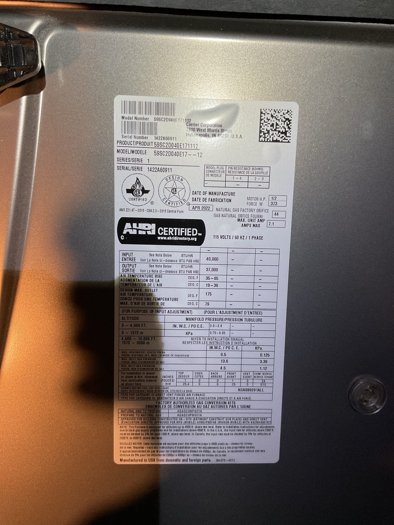 Completed Gas Heater Certification for 40,000 BTU 92% efficiency natural gas furnace.
Located in attic accessible by ladder. Installed horizontal right configuration.
There are (4) 14x14x1 filter racks in the house.
1. entry level across the hall from garage entrance. Knee level.
2. Under thermostat on second floor
3. Master bedroom ceiling rack (3rd Floor)
4. 3rd Floor hallway in between the bedroom doors. 
When I went into attic I could smell gas. The gas line was leaking at (3) points: the counterstrike fitting (nut), the union, and the nipple between the valve and the union. I had to replace the nipple and use new pipe dope there. Customer approved repairs. 
Afterwards repairs and tightening  the gas line passed leak test both soap bubbles and electronic high sensitivity test. There is a $25 discount on the invoice for gas line repair. 
Inspected burners, inducer, pressure switches and heat exchanger.
Inspected drain line: Drain line had a sag; I supported from underneath to tak Completed Gas Heater Certification for 40,000 BTU 92% efficiency natural gas furnace.
Located in attic accessible by ladder. Installed horizontal right configuration.
There are (4) 14x14x1 filter racks in the house.
1. entry level across the hall from garage entrance. Knee level.
2. Under thermostat on second floor
3. Master bedroom ceiling rack (3rd Floor)
4. 3rd Floor hallway in between the bedroom doors. 
When I went into attic I could smell gas. The gas line was leaking at (3) points: the counterstrike fitting (nut), the union, and the nipple between the valve and the union. I had to replace the nipple and use new pipe dope there. Customer approved repairs. 
Afterwards repairs and tightening  the gas line passed leak test both soap bubbles and electronic high sensitivity test. There is a $25 discount on the invoice for gas line repair. 
Inspected burners, inducer, pressure switches and heat exchanger.
Inspected drain line: Drain line had a sag; I supported from underneath to tak