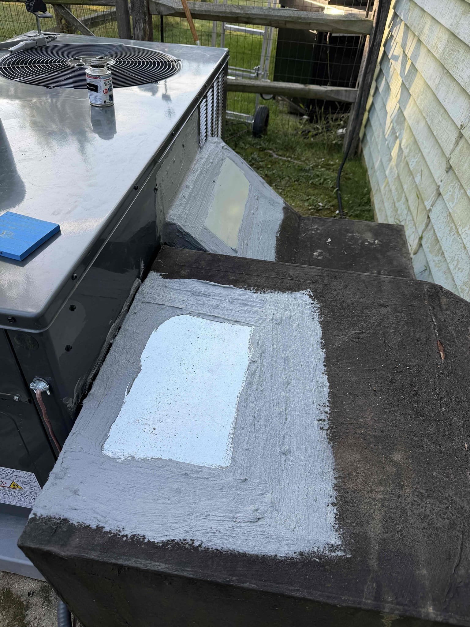Releveled outdoor unit. Painted ductwork with mastic outside over tape joints. Caulked around disconnect. Relocated drain to customers preference. 