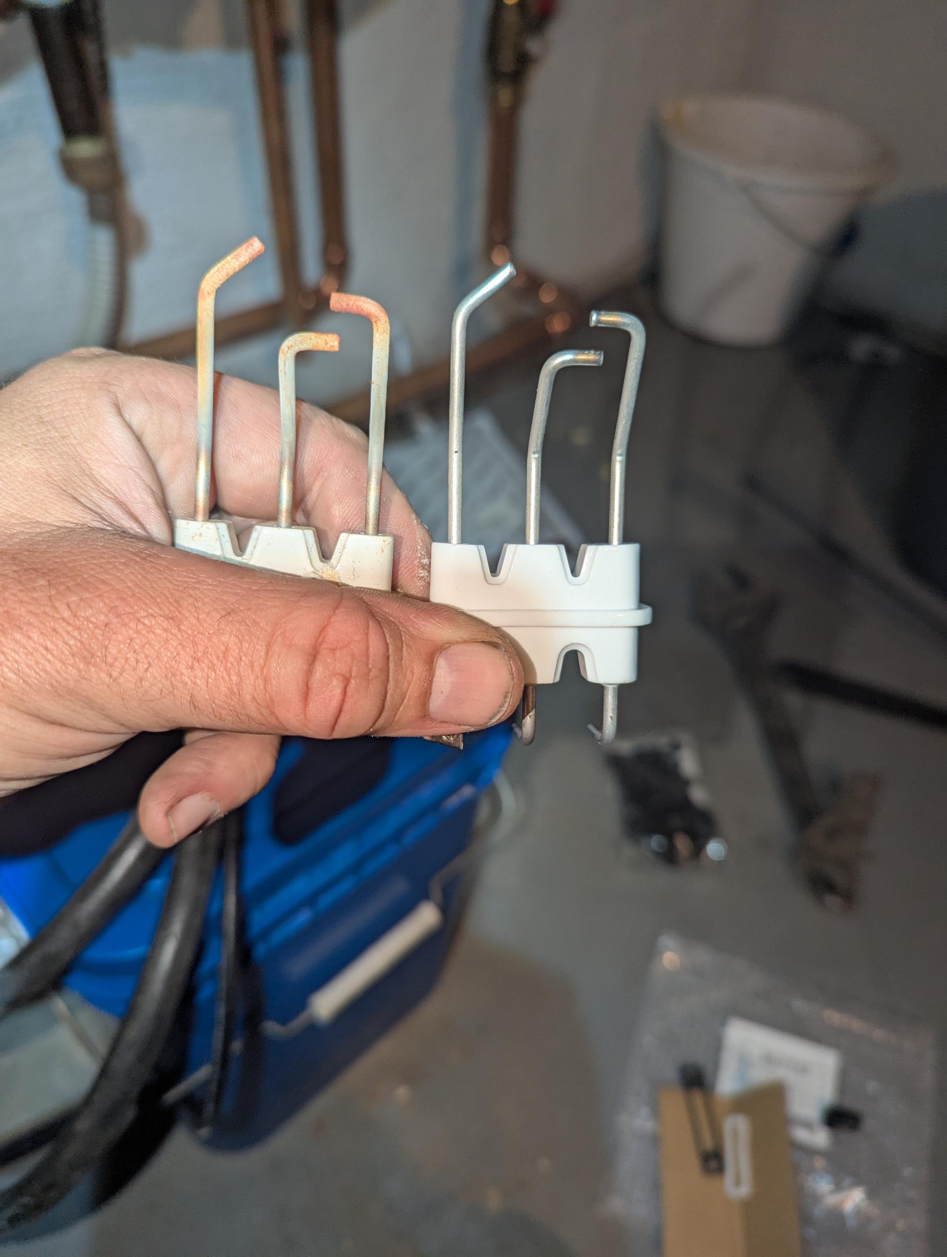 Ran new 18/3 low voltage wire from point in the basement to the TACO control. Spliced to be able to add common to thermostat.
Current thermostat does not have a common terminal so the green conductor behind the wall is left there with wire nut.
When Sean is done with remodeling the room they will install smart thermostat. They have an Ecobee they plan to use.
Replaced domestic water expansion tank (ST5) it is pressurized to match house water pressure 60psi.
Flushed Combi boiler heat exchanger. 1 hour with descaling solution. 15 minutes with water only.
Replaced ignition assembly and all gaskets.
.
Afterwards tested system both domestic water heating and space heating.
System operating well at this time.
Homeowners paid balance today. Ran new 18/3 low voltage wire from point in the basement to the TACO control. Spliced to be able to add common to thermostat.
Current thermostat does not have a common terminal so the green conductor behind the wall is left there with wire nut.
When Sean is done with remodeling the room they will install smart thermostat. They have an Ecobee they plan to use.
Replaced domestic water expansion tank (ST5) it is pressurized to match house water pressure 60psi.
Flushed Combi boiler heat exchanger. 1 hour with descaling solution. 15 minutes with water only.
Replaced ignition assembly and all gaskets.
.
Afterwards tested system both domestic water heating and space heating.
System operating well at this time.
Homeowners paid balance today.