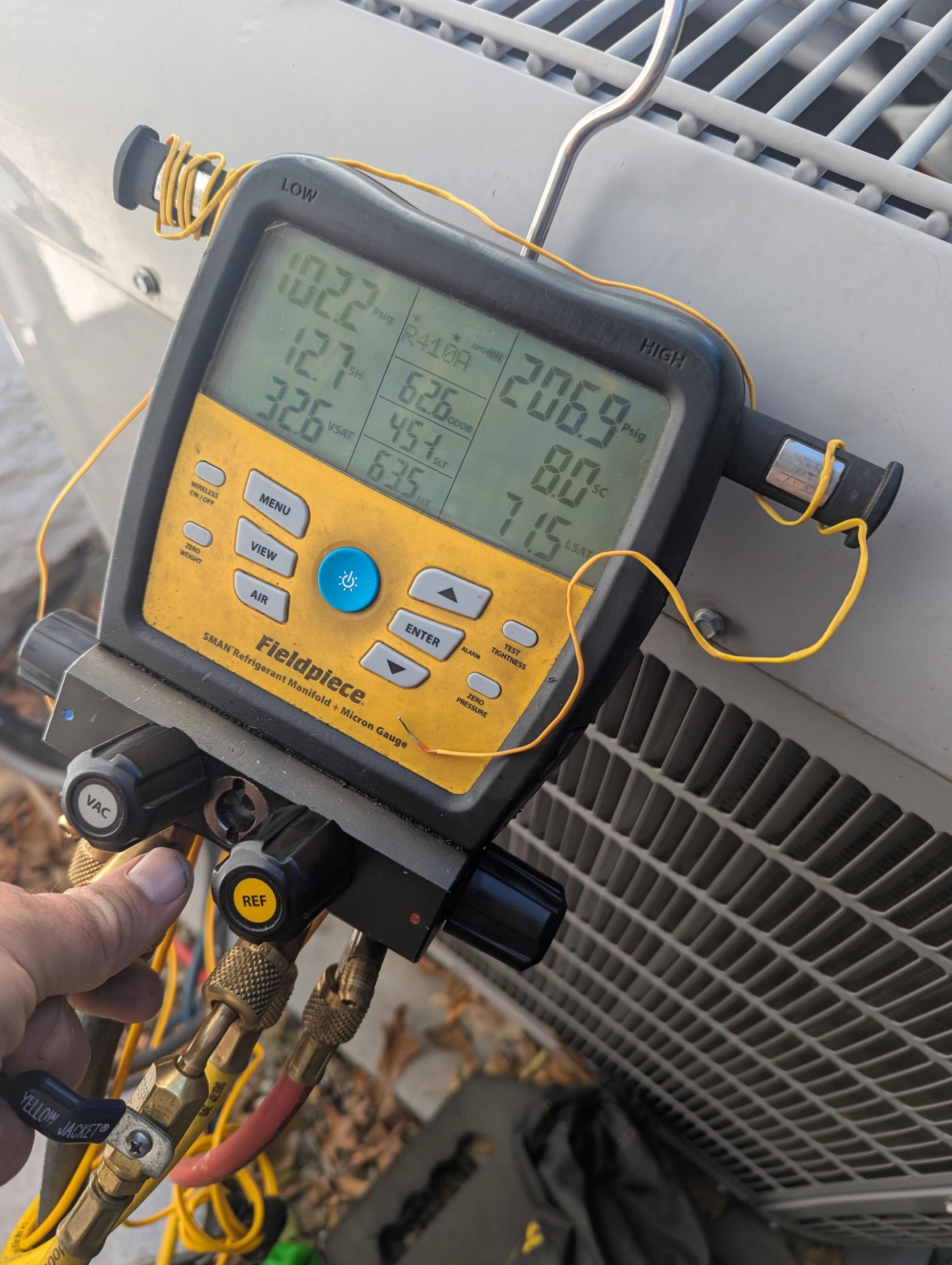 Contacted NOVOSoft rep. System needs maintenance kit. We will email quote for this when we get pricing. It is an HTO system. Brine not being sucked from brine tank. Seals and nozzle are bad. Need maintenance kit.
Heat pump is from 2012. Homeowner stated it was charged 2 years ago. R410A. But he had high bills this June and July. But he said this could very well be the fact that his rates changed fairly dramatically 
Refrigerant charge ok 8SH 6.7SC in cooling. 20° temperature split 
Completed heat tune up for 3 Ton Carrier heat pump with 10KW electric heat kit. 
There are (2) ceiling grille return filters. I replaced one he will replace the other very soon. Custom size. 
Indoor coil has some rust as to be expected based on age. Outdoor coil ok 
Inspected wiring, controls, electric motors and components; left estimates for surge protectors. Contactor in bad shape. Left email to replace.  One thing that happened when I first started system was compressor shut off and there was a “27” e Contacted NOVOSoft rep. System needs maintenance kit. We will email quote for this when we get pricing. It is an HTO system. Brine not being sucked from brine tank. Seals and nozzle are bad. Need maintenance kit.
Heat pump is from 2012. Homeowner stated it was charged 2 years ago. R410A. But he had high bills this June and July. But he said this could very well be the fact that his rates changed fairly dramatically 
Refrigerant charge ok 8SH 6.7SC in cooling. 20° temperature split 
Completed heat tune up for 3 Ton Carrier heat pump with 10KW electric heat kit. 
There are (2) ceiling grille return filters. I replaced one he will replace the other very soon. Custom size. 
Indoor coil has some rust as to be expected based on age. Outdoor coil ok 
Inspected wiring, controls, electric motors and components; left estimates for surge protectors. Contactor in bad shape. Left email to replace.  One thing that happened when I first started system was compressor shut off and there was a “27” e