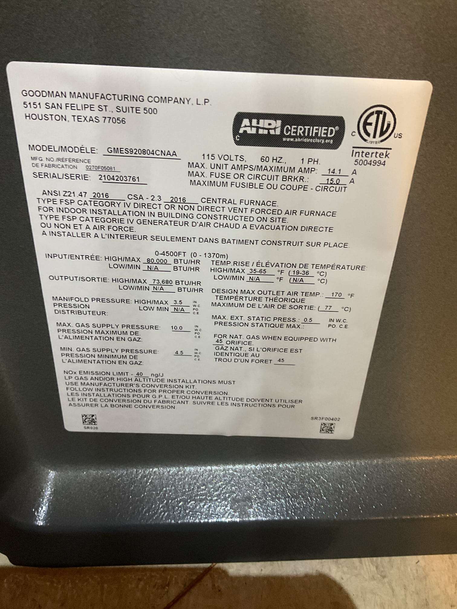 10/9/25

I arrived to the customers home to service their 3 yr old gas furnace system. 
I started with checking the air filter and found good. the filter size is 16x25x1. I checked all my electrical connections and voltages. I inspected and tested the  burners , flame sensor and the igniter. I water tested all tubing and hoses. I inspected the exhaust and fresh air pipe for restrictions and bellies. I inspected the inducer and the blower motor operation. I checked and tested for combustion and took temp rise splits at the return and the supply. Everything is running fine at this time of service. 

I did leave a few estimates for a blower motor protection, and for a water protection wet switch for the external pan. He does have a secondary drain piped in for the pan. 