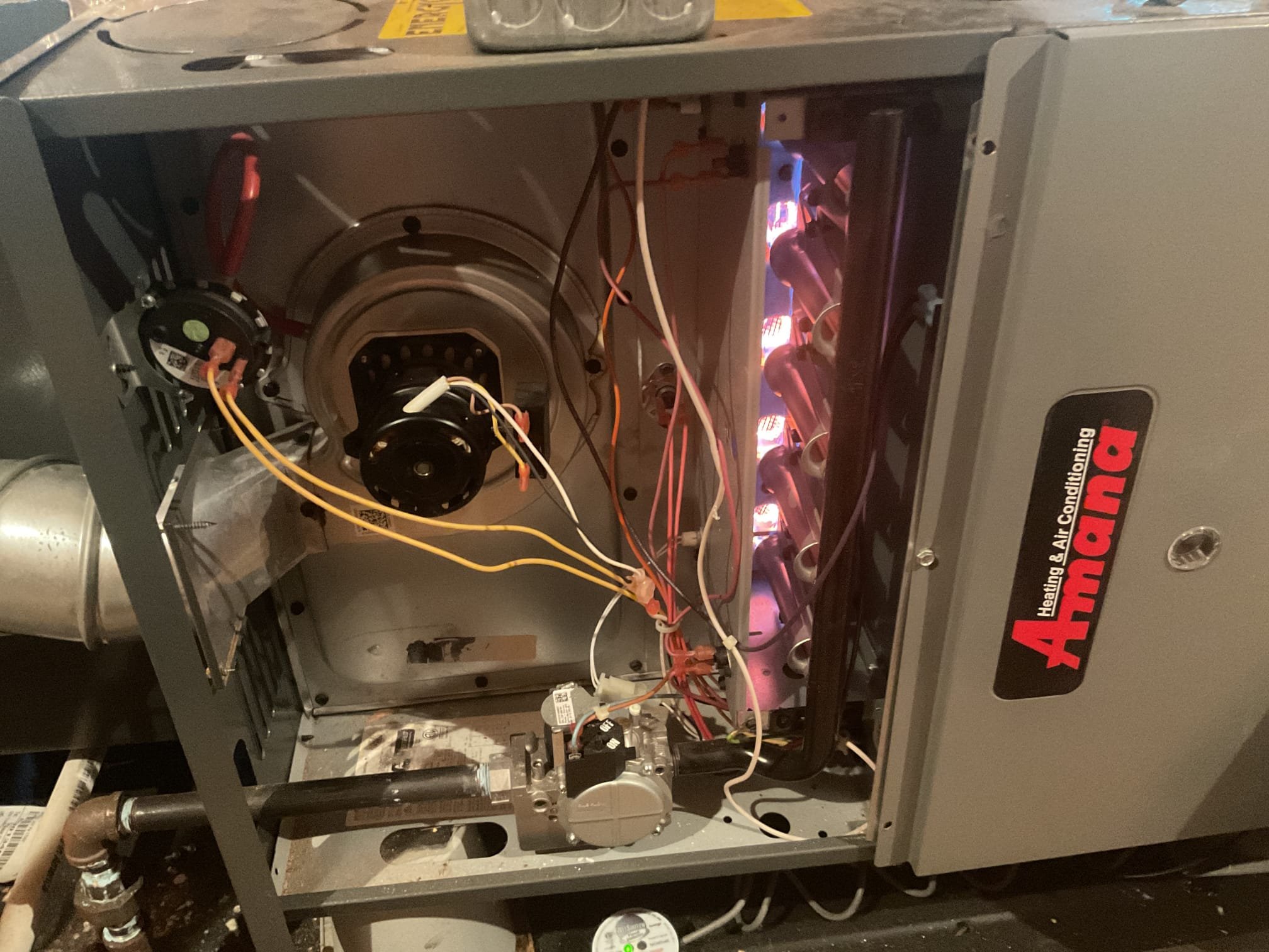 Fully assessed no heating situation. Found amana gas furnace locked out on code 3 pressure switch error code. Found pressure switch port was clogged with debris. Removed inducer assembly and dumped out debris and bugs. Explained to homeowner that there is no real way to prevent this. Vent goes out thru the roof. Tested out gas furnace. Performed combustion test. Air filter is clean. Checked temp rise gas furnace is working properly at time of service.  Fully assessed no heating situation. Found amana gas furnace locked out on code 3 pressure switch error code. Found pressure switch port was clogged with debris. Removed inducer assembly and dumped out debris and bugs. Explained to homeowner that there is no real way to prevent this. Vent goes out thru the roof. Tested out gas furnace. Performed combustion test. Air filter is clean. Checked temp rise gas furnace is working properly at time of service.