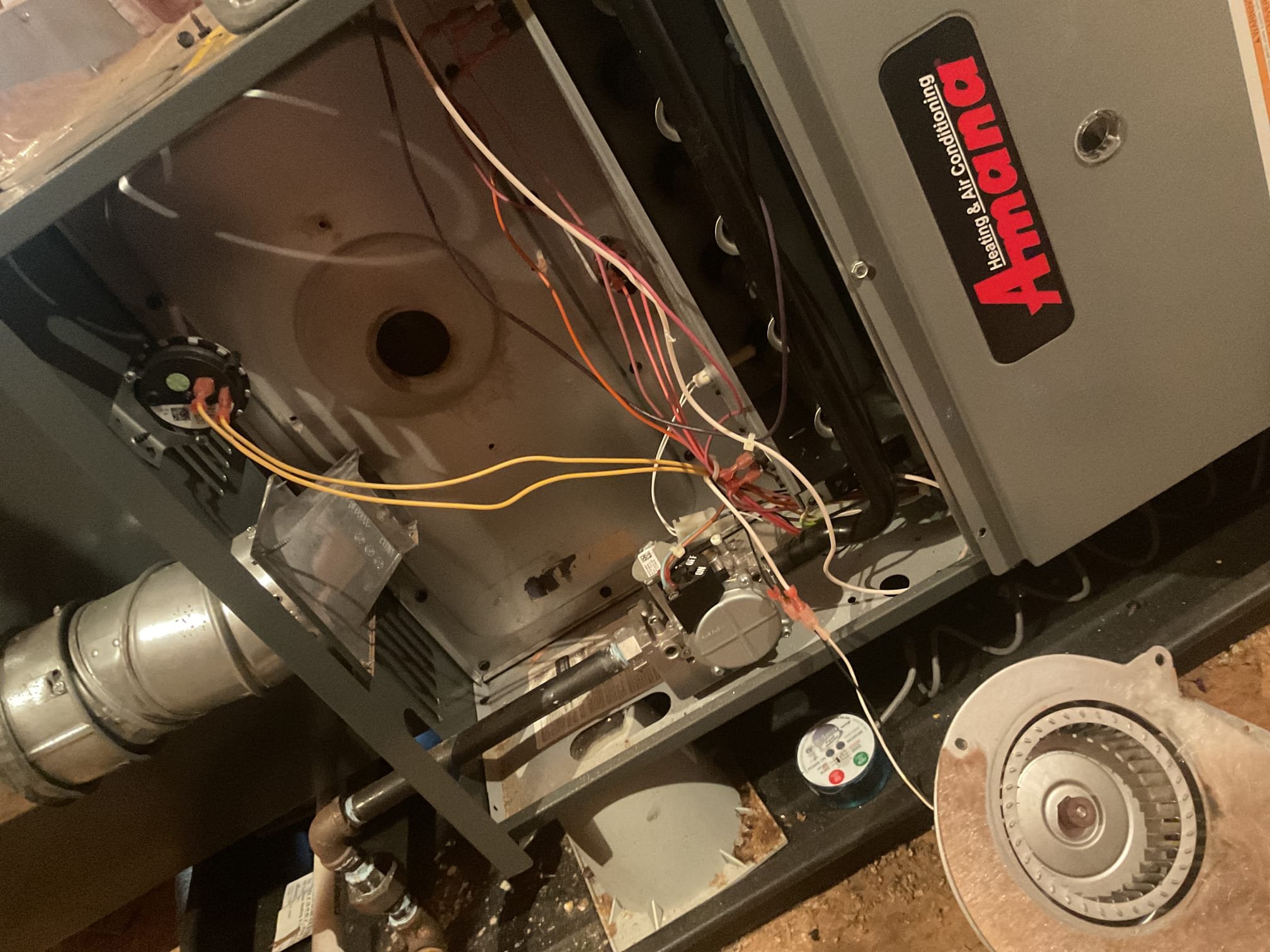 Fully assessed no heating situation. Found amana gas furnace locked out on code 3 pressure switch error code. Found pressure switch port was clogged with debris. Removed inducer assembly and dumped out debris and bugs. Explained to homeowner that there is no real way to prevent this. Vent goes out thru the roof. Tested out gas furnace. Performed combustion test. Air filter is clean. Checked temp rise gas furnace is working properly at time of service.  Fully assessed no heating situation. Found amana gas furnace locked out on code 3 pressure switch error code. Found pressure switch port was clogged with debris. Removed inducer assembly and dumped out debris and bugs. Explained to homeowner that there is no real way to prevent this. Vent goes out thru the roof. Tested out gas furnace. Performed combustion test. Air filter is clean. Checked temp rise gas furnace is working properly at time of service.