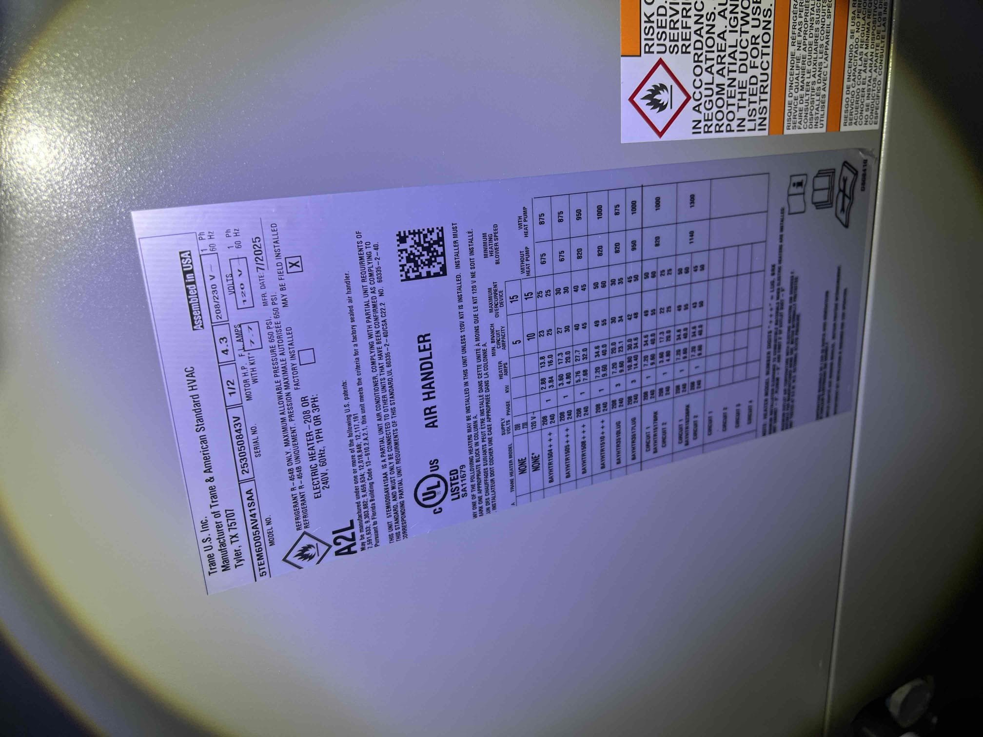 10/15/25 Tan
Performed quality assurance on Trane heat pump system.
Client overall happy with our installers. Only concern he had was airflow to lower level in heat mode.
Checked air handler and found it leveled.
Accessories installed correctly with ez trap, wet switch, and ecm surge protection.
Media cabinet is good.
Cfm settings were correct but I increased to high to help lower levels and turned down some dampers to rooms closest to air handler to increase velocity.
Temp split and static were good.
Amp draw was great and within manufacture specifications.

Checked outdoor unit and found it leveled along with surge protected disconnect.
Wiring connections are secure.
Refrigerant caps are tight.
Line hide and line set are clean and sealed.
Refrigerant levels are good. I crossed referenced charging sheet on door panel.

Inspection is a PASS

Walked site with Dillion and customer wants to upgrade to WiFi thermostat.
We proposed crediting back the cost for the current T6 install and prov