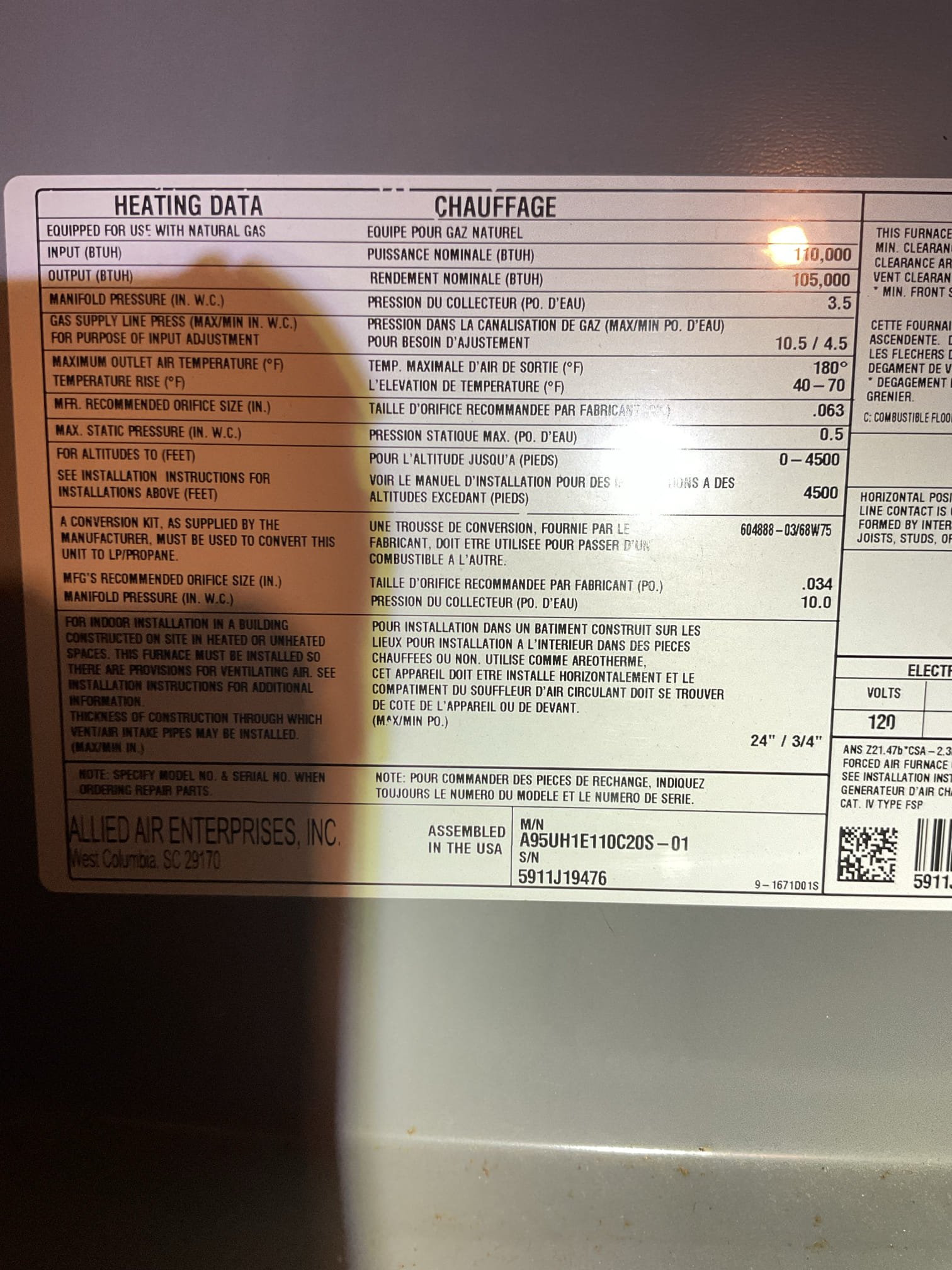Completed heat tune up for natural gas furnace.
AC and Heat System installed by Henderson 3/27/15
24x24x1 filter ok 
Inspected heat exchanger, burners, flue pipe, inducer assembly and hoses
Inspected hot surface ignitor and verified resistance with meter
Cleaned flame sensor and verified flame rectification circuit
Measured temperature rise and static pressure
Checked wiring, controls, electric motors and components; there are no surge protectors; left estimate for a surge protector for each of the 2 main circuits of system
Checked manifold gas pressure
Inspected drains. There is no wet switch to shut equipment down if water makes its way to floors around equipment. Provided email estimate for wet switch/flood safety. 
Combustion, draft and smoke tests: Pass
Homeowner agreed to humidifier service. I replaced 35 water panel and cleaned housing. Verified water flow to feed tray. Set humidistat to 35%. Opened bypass damper. This needs to be done annually. There is a good amount of cal 
Completed heat tune up for natural gas furnace.
AC and Heat System installed by Henderson 3/27/15
24x24x1 filter ok 
Inspected heat exchanger, burners, flue pipe, inducer assembly and hoses
Inspected hot surface ignitor and verified resistance with meter
Cleaned flame sensor and verified flame rectification circuit
Measured temperature rise and static pressure
Checked wiring, controls, electric motors and components; there are no surge protectors; left estimate for a surge protector for each of the 2 main circuits of system
Checked manifold gas pressure
Inspected drains. There is no wet switch to shut equipment down if water makes its way to floors around equipment. Provided email estimate for wet switch/flood safety. 
Combustion, draft and smoke tests: Pass
Homeowner agreed to humidifier service. I replaced 35 water panel and cleaned housing. Verified water flow to feed tray. Set humidistat to 35%. Opened bypass damper. This needs to be done annually. There is a good amount of cal