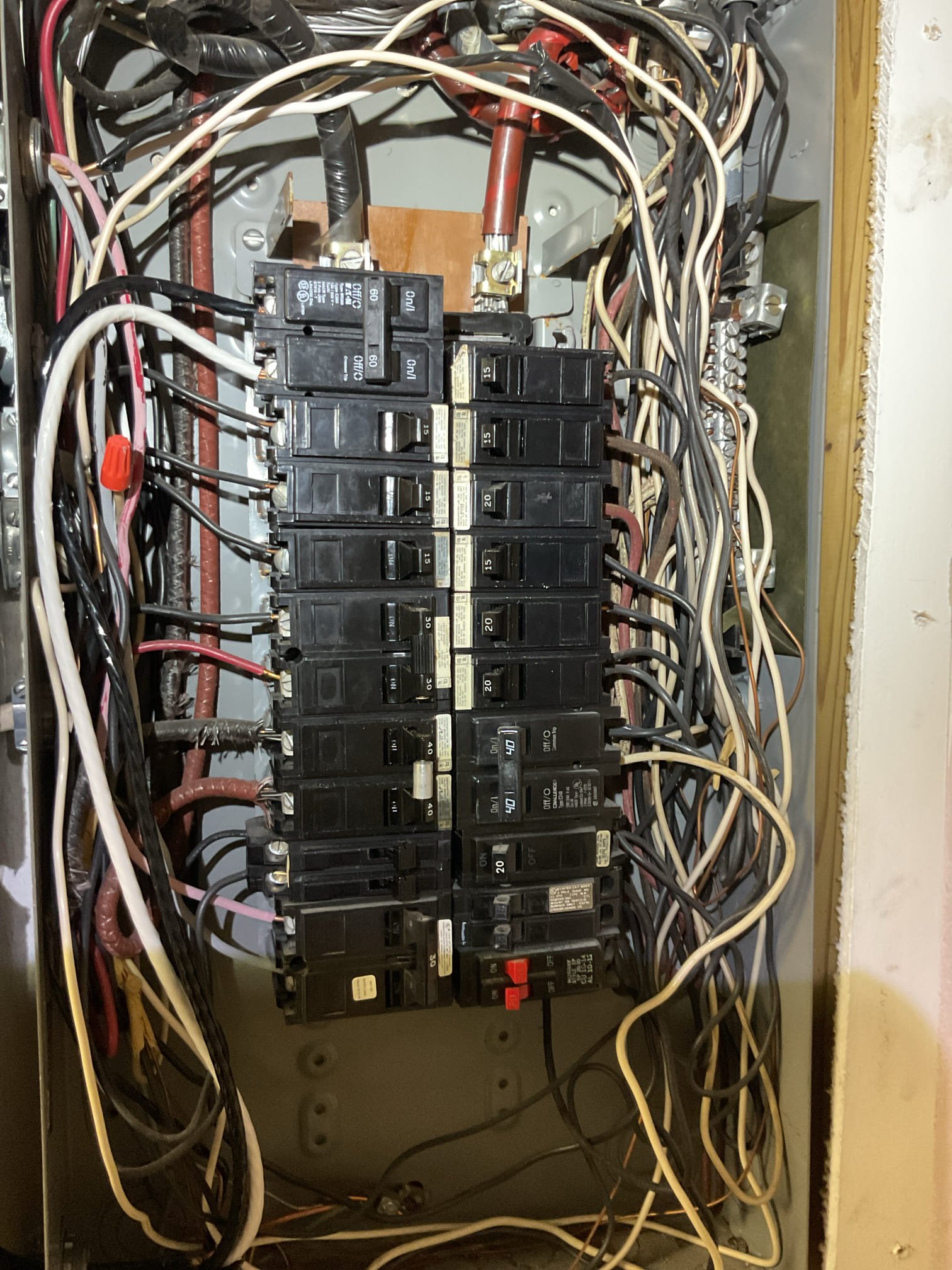 60A breaker in electrical panel for air handler was tripped when I arrived. 
Heat Kit is 15KW wired for 10KW. The second air handler breaker is left off.
I checked tightness of wires of air handler breaker in panel and air handler breaker itself 
Also made sure our new breaker was properly connected at bus bar. 
Amp draw 40A on new 6/2 copper stranded wire: Good 
However after approximately 5 minutes run time I approached the breaker panel and I could smell a slight electrical burn smell and breaker was getting hot to the touch. I could hear arcing in panel. I decided to take air handler  breaker out of the panel altogether and wire nut air handler wires until problems are resolved. 
The panel is dated 1979 and they no longer make breakers for this panel.
An electrician may say there is a compatible 60A breaker or may advise to upgrade panel altogether. 
There is a fire risk to leave system on for now. I told her to call an electrician ASAP. 
 60A breaker in electrical panel for air handler was tripped when I arrived. 
Heat Kit is 15KW wired for 10KW. The second air handler breaker is left off.
I checked tightness of wires of air handler breaker in panel and air handler breaker itself 
Also made sure our new breaker was properly connected at bus bar. 
Amp draw 40A on new 6/2 copper stranded wire: Good 
However after approximately 5 minutes run time I approached the breaker panel and I could smell a slight electrical burn smell and breaker was getting hot to the touch. I could hear arcing in panel. I decided to take air handler  breaker out of the panel altogether and wire nut air handler wires until problems are resolved. 
The panel is dated 1979 and they no longer make breakers for this panel.
An electrician may say there is a compatible 60A breaker or may advise to upgrade panel altogether. 
There is a fire risk to leave system on for now. I told her to call an electrician ASAP.