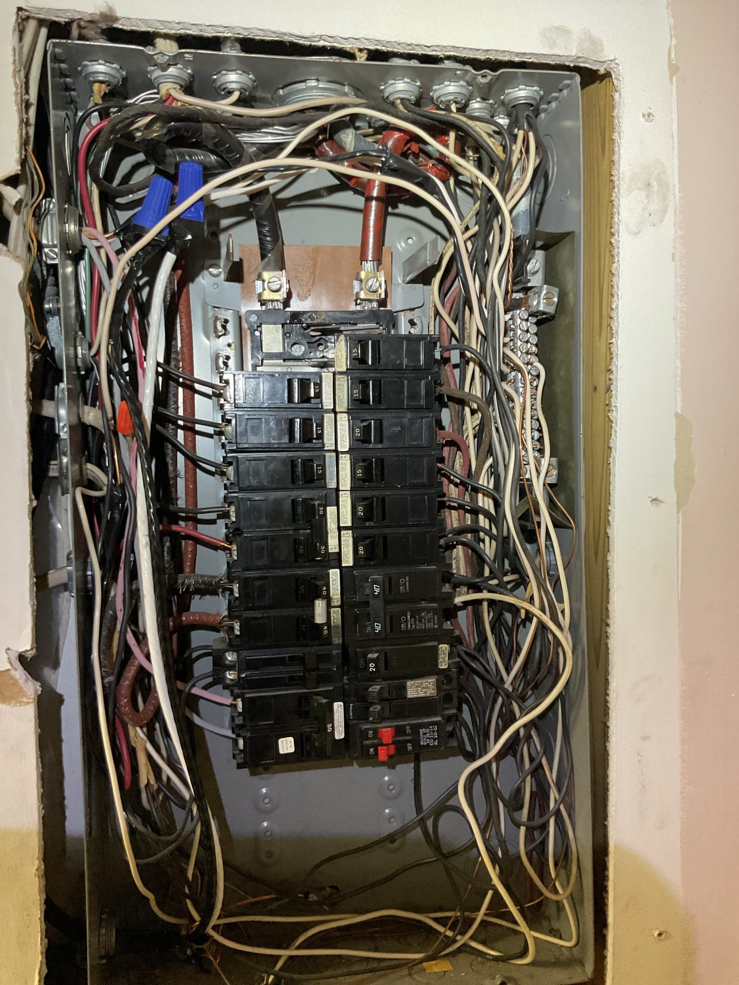 60A breaker in electrical panel for air handler was tripped when I arrived. 
Heat Kit is 15KW wired for 10KW. The second air handler breaker is left off.
I checked tightness of wires of air handler breaker in panel and air handler breaker itself 
Also made sure our new breaker was properly connected at bus bar. 
Amp draw 40A on new 6/2 copper stranded wire: Good 
However after approximately 5 minutes run time I approached the breaker panel and I could smell a slight electrical burn smell and breaker was getting hot to the touch. I could hear arcing in panel. I decided to take air handler  breaker out of the panel altogether and wire nut air handler wires until problems are resolved. 
The panel is dated 1979 and they no longer make breakers for this panel.
An electrician may say there is a compatible 60A breaker or may advise to upgrade panel altogether. 
There is a fire risk to leave system on for now. I told her to call an electrician ASAP. 
 60A breaker in electrical panel for air handler was tripped when I arrived. 
Heat Kit is 15KW wired for 10KW. The second air handler breaker is left off.
I checked tightness of wires of air handler breaker in panel and air handler breaker itself 
Also made sure our new breaker was properly connected at bus bar. 
Amp draw 40A on new 6/2 copper stranded wire: Good 
However after approximately 5 minutes run time I approached the breaker panel and I could smell a slight electrical burn smell and breaker was getting hot to the touch. I could hear arcing in panel. I decided to take air handler  breaker out of the panel altogether and wire nut air handler wires until problems are resolved. 
The panel is dated 1979 and they no longer make breakers for this panel.
An electrician may say there is a compatible 60A breaker or may advise to upgrade panel altogether. 
There is a fire risk to leave system on for now. I told her to call an electrician ASAP.