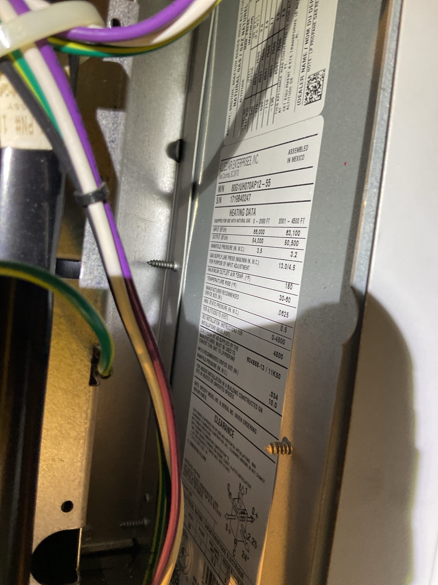 
Completed heat tune up for propane furnace.

Replaced 16x25x1  filter
Inspected heat exchanger, burners, flue pipe, inducer assembly and hoses
Inspected hot surface ignitor and verified resistance with meter
Cleaned flame sensor and verified flame rectification circuit
Measured temperature rise and static pressure
Checked wiring, controls, electric motors and components; there are no surge protectors; left estimate for a surge protector for each of the 2 main circuits of system
Inspected drain and pump. There are no water safeties. While the system is in a crawl space flood switch and EZ trap are still recommended. Provided estimate with both package together with discount and separately. 

Combustion, draft and smoke tests: Pass

Gas furnace is operating well at this time. 
Plan renewal paid for today. 