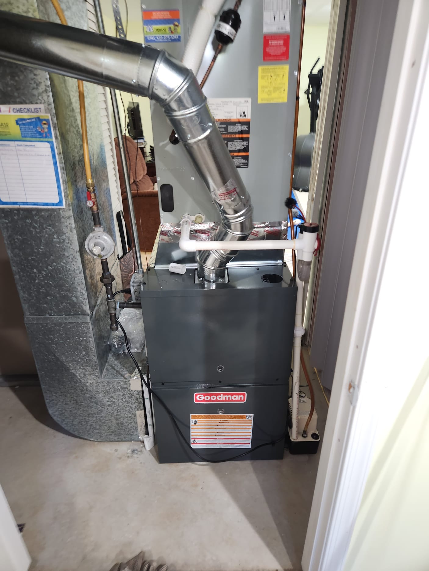 Set new furnace under existing coil. Built custom transition from furnace to coil. Adapted existing gas line to unit and leak checked. Remade all high and low voltage connections to unit required all safeties. Adapted smoke pipe to new unit. Performed all test put procedures cleaned all work areas and reviewed installation with ho.eowner.