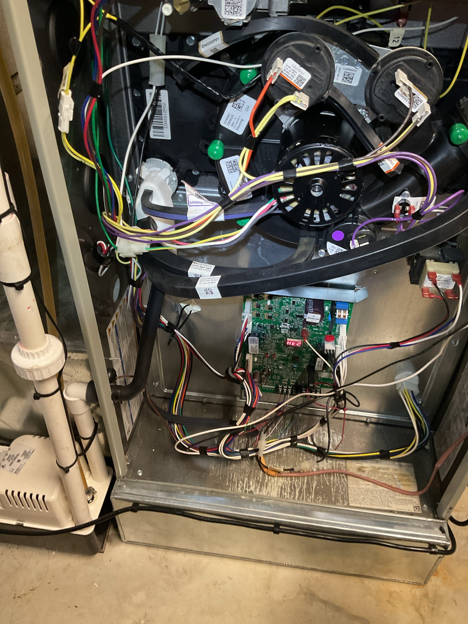 Luis 10-23-25 replace inducer assembly, test operation I noticed unit register e09 drain switch or flue switch open, I trim back hose to eliminate extra tubing and I also make sure 3/4 drain for furnace had air gap test operation first and second stage of heat ok, performed combustion test and unit did not register code e09 anymore. 