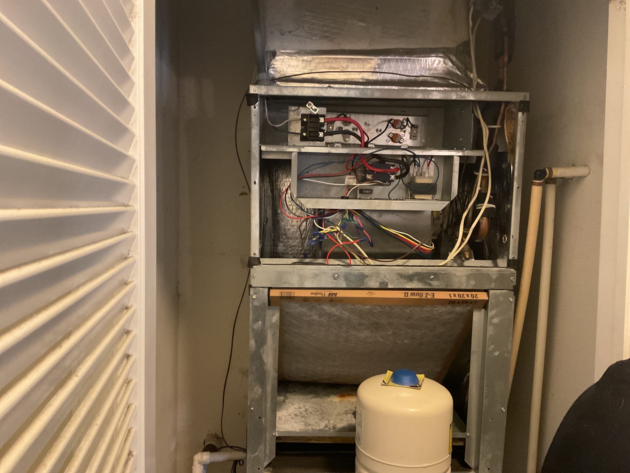 Responded to service call about fan running constantly when thermostat was set to heat. Found that thermostat was wired incorrectly causing the unit to kick on the fan constantly. Upon arrival noticed that unit was leaning off the wall. Upon further inspection found that top bracket for unit was ripped off the wall. Will have to return to repair. Upon returning we may need to bring some 2x4 so we can mount the top bracket to wood. Entire indoors unit will need to be removed and reinstalled. Responded to service call about fan running constantly when thermostat was set to heat. Found that thermostat was wired incorrectly causing the unit to kick on the fan constantly. Upon arrival noticed that unit was leaning off the wall. Upon further inspection found that top bracket for unit was ripped off the wall. Will have to return to repair. Upon returning we may need to bring some 2x4 so we can mount the top bracket to wood. Entire indoors unit will need to be removed and reinstalled.