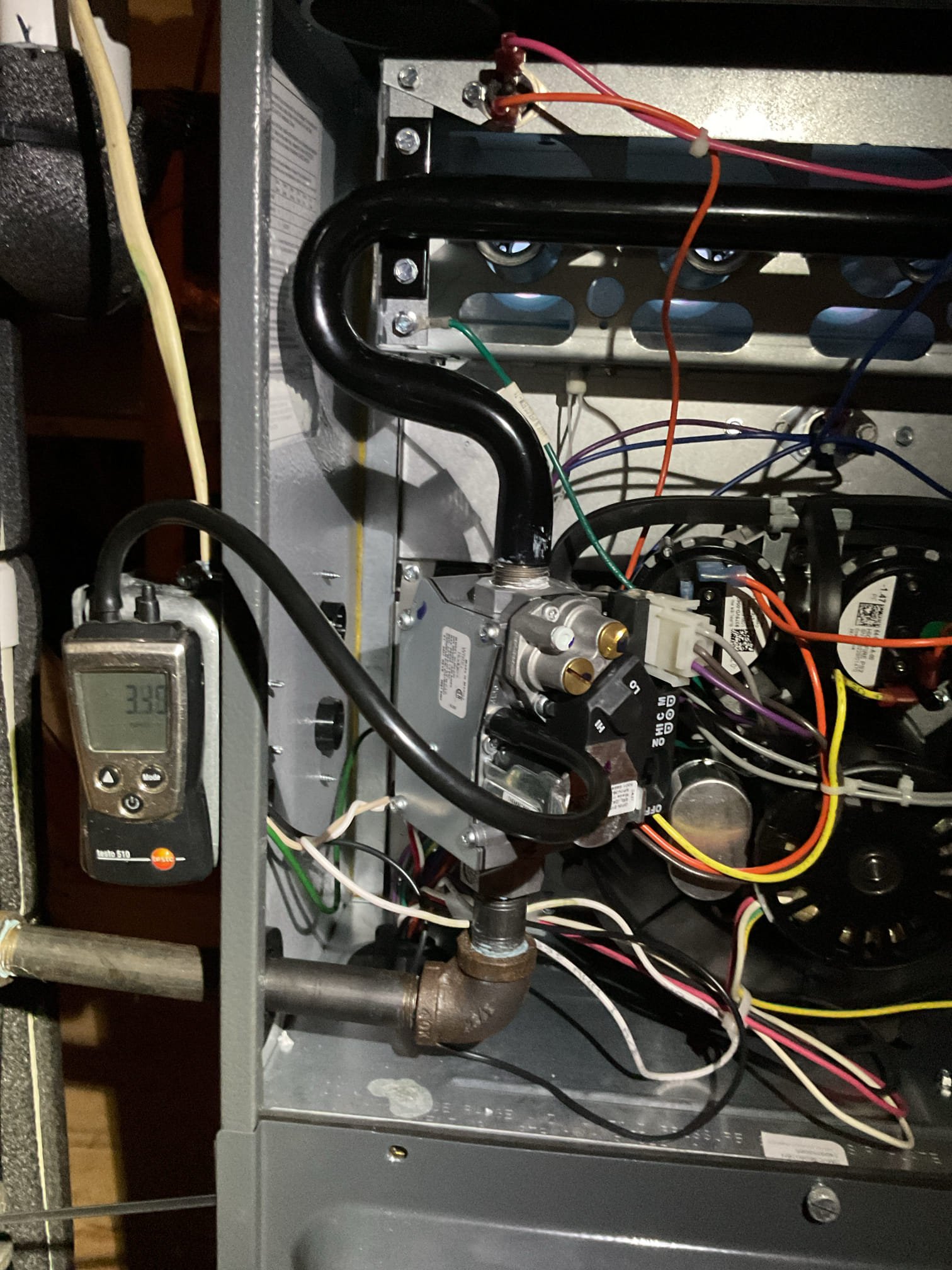 
Completed (2) heat tune ups for natural gas furnaces. 

Replaced (2) 16x16x1 filter in ceiling grilles for second floor system. Provided by homeowner. 
16x25x1 filter for basement system,

For both furnaces: 
Inspected heat exchanger, burners, flue pipe, inducer assembly and hoses
Inspected hot surface ignitor and verified resistance with meter. Basement ignitor has hot spots. Recommend replacing. Provided email estimate.
Cleaned flame sensor and verified flame rectification circuit
Measured temperature rise and static pressure
Checked wiring, controls, electric motors and components; there are no surge protectors at basement system. Provided estimate
 
Checked mainofold gas pressure
Inspected drains and pump. Pump has slightly long run time safety not wired in. Both units piped to basement pump. There are no water safeties at basement unit provided email estimates. 

Basement system has a lot of corrosion at indoor AC coil. There are areas that can become cracks at the heat exchanger