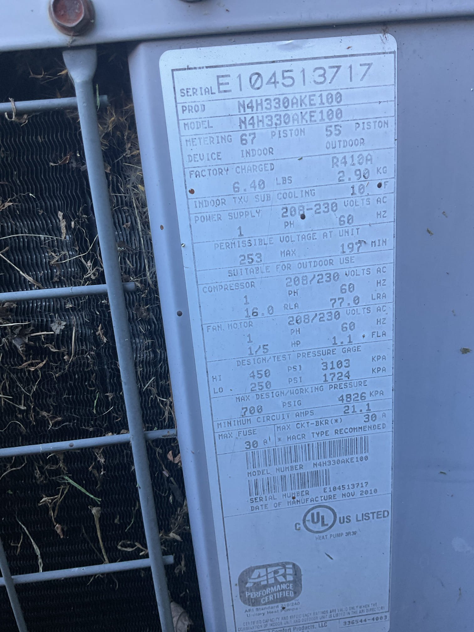 Looked over system. Put gauges on outside heat pump. Found 2004 carrier heat pump completely out of 410a refrigerant. Neighbor was mowing and rock hit outside coil. Told son that we will need to do some research to see if this outdoor coil is still made. We also don’t know if indoor coil is leaking at this point. If nothing is available entire system would need replaced. Our office will call distributor to find out more info, distributors are closed at this time. 