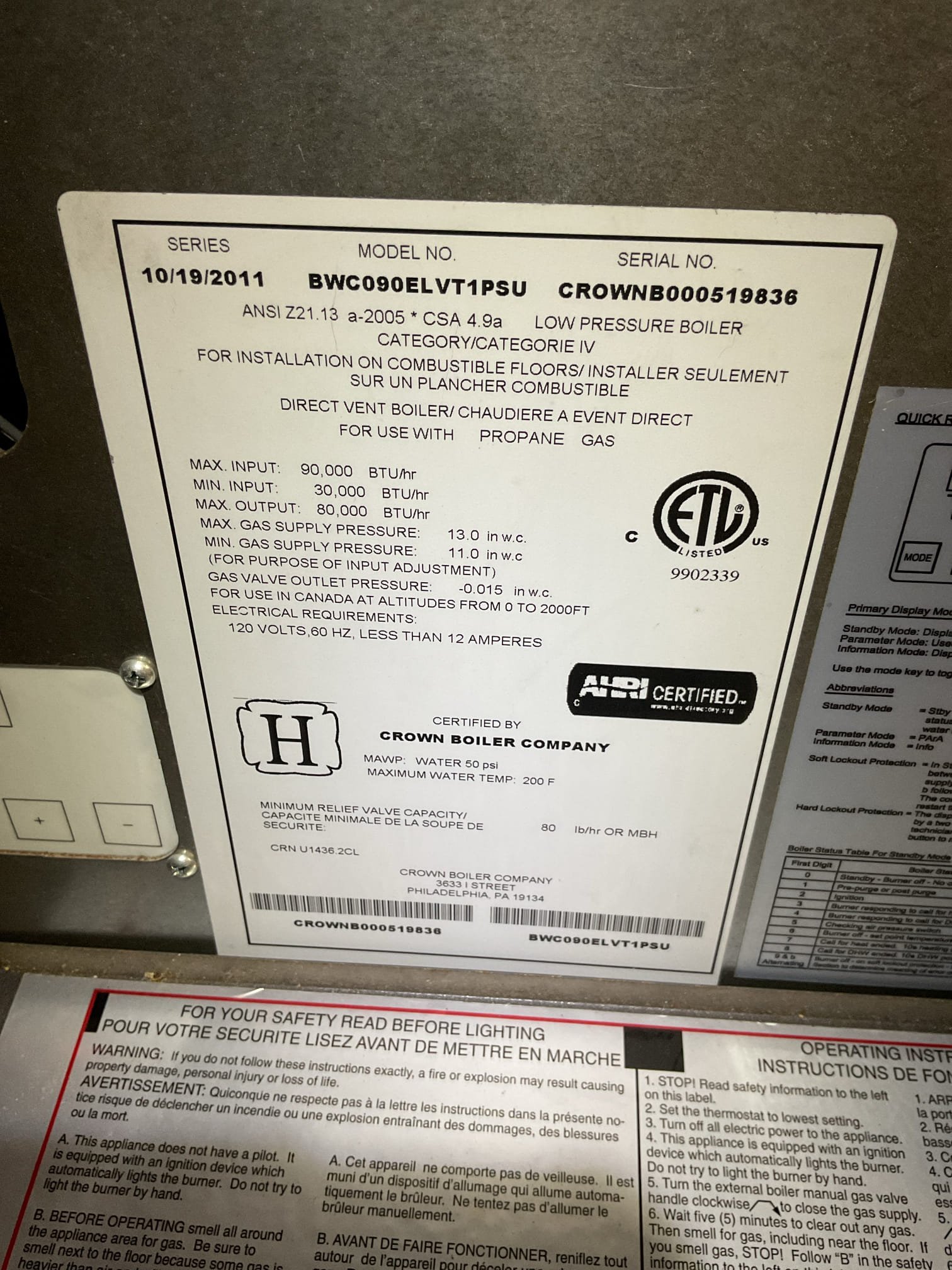 Luis 10-27-25 land lord called in for gas boiler not working, found crown boiler on error with low water cutoff after troubleshooting unit, found internal issue with low cutoff. Jumper low water cutoff device for testing purposes, unit came on, check other components took photos of boiler, flow check valve is in bad shape, heavy corrosion and rust on valve. Unit does not have air elimination system. Provided estimate for repairs and recommendations. 