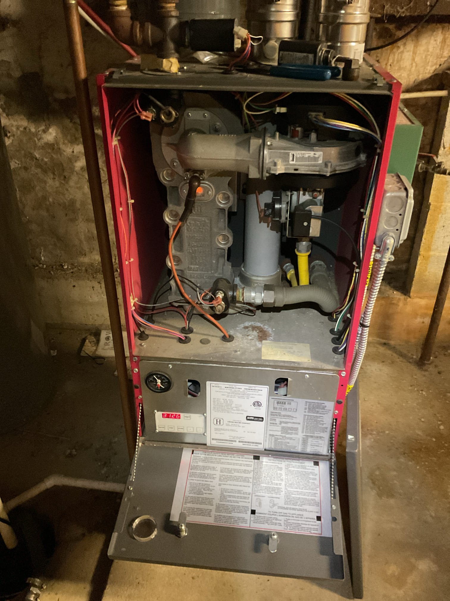 Luis 10-27-25 land lord called in for gas boiler not working, found crown boiler on error with low water cutoff after troubleshooting unit, found internal issue with low cutoff. Jumper low water cutoff device for testing purposes, unit came on, check other components took photos of boiler, flow check valve is in bad shape, heavy corrosion and rust on valve. Unit does not have air elimination system. Provided estimate for repairs and recommendations. 