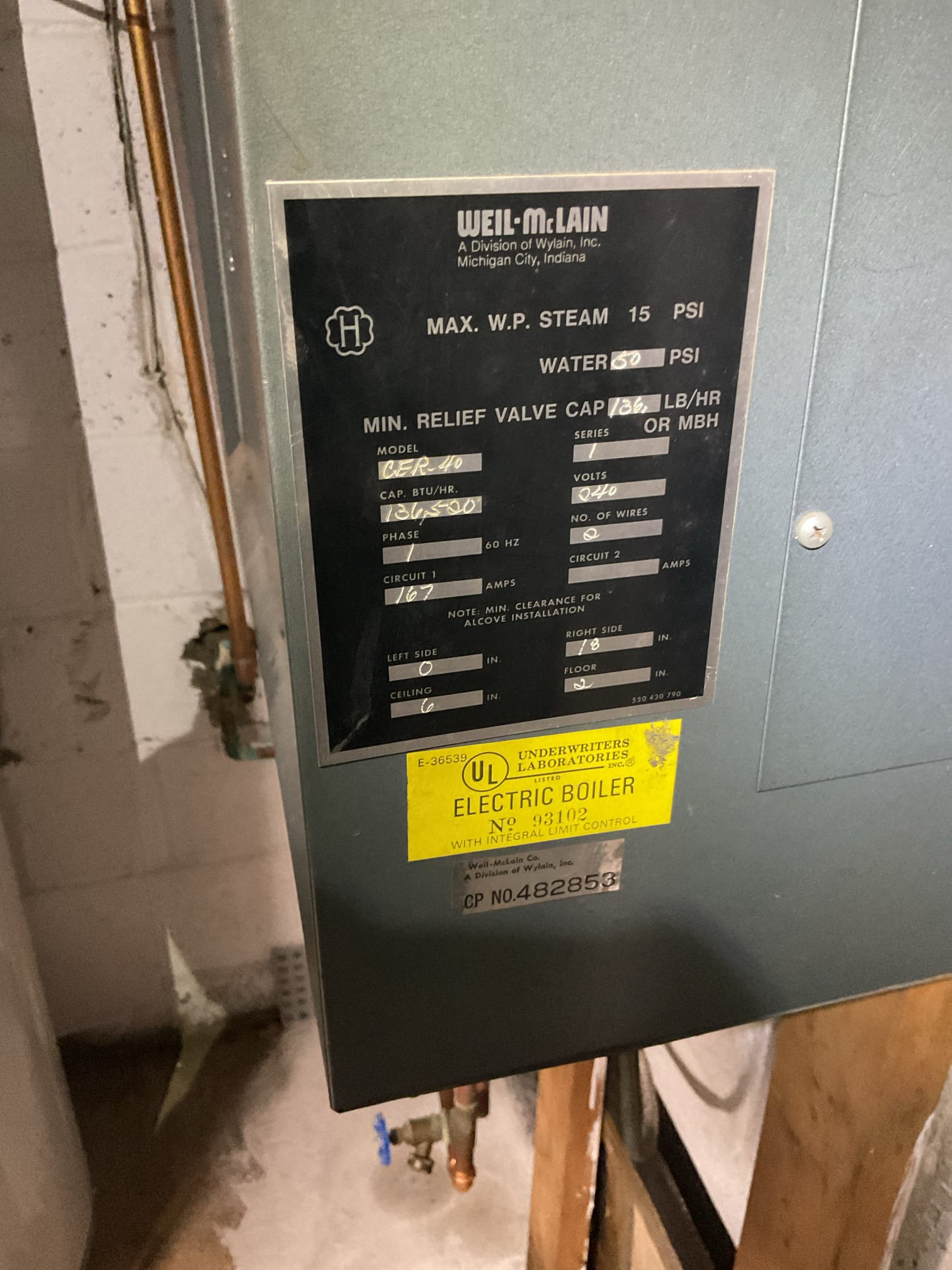 Luis 10-28-25 customer called in for boiler not heating, 200 amp electric boiler from 1979 Weil McLain. Customer stated steam was coming out of the boiler. Found no pressure on boiler. Water feeder not working add water manually, test operation found all contactor in bad shape. When we were testing boiler I noticed Temp got up to 20 degrees. Limit is not working currently set to 180 high 160 low. Boiler parts are original to boiler. I provided estimate for failed part and also recommendations on some of the other parts. Final recommendation is to upgrade boiler to propane high efficiency boiler. Home comfort consultant to come later on today. I would not recommend running boiler under these conditions for safety purposes. 