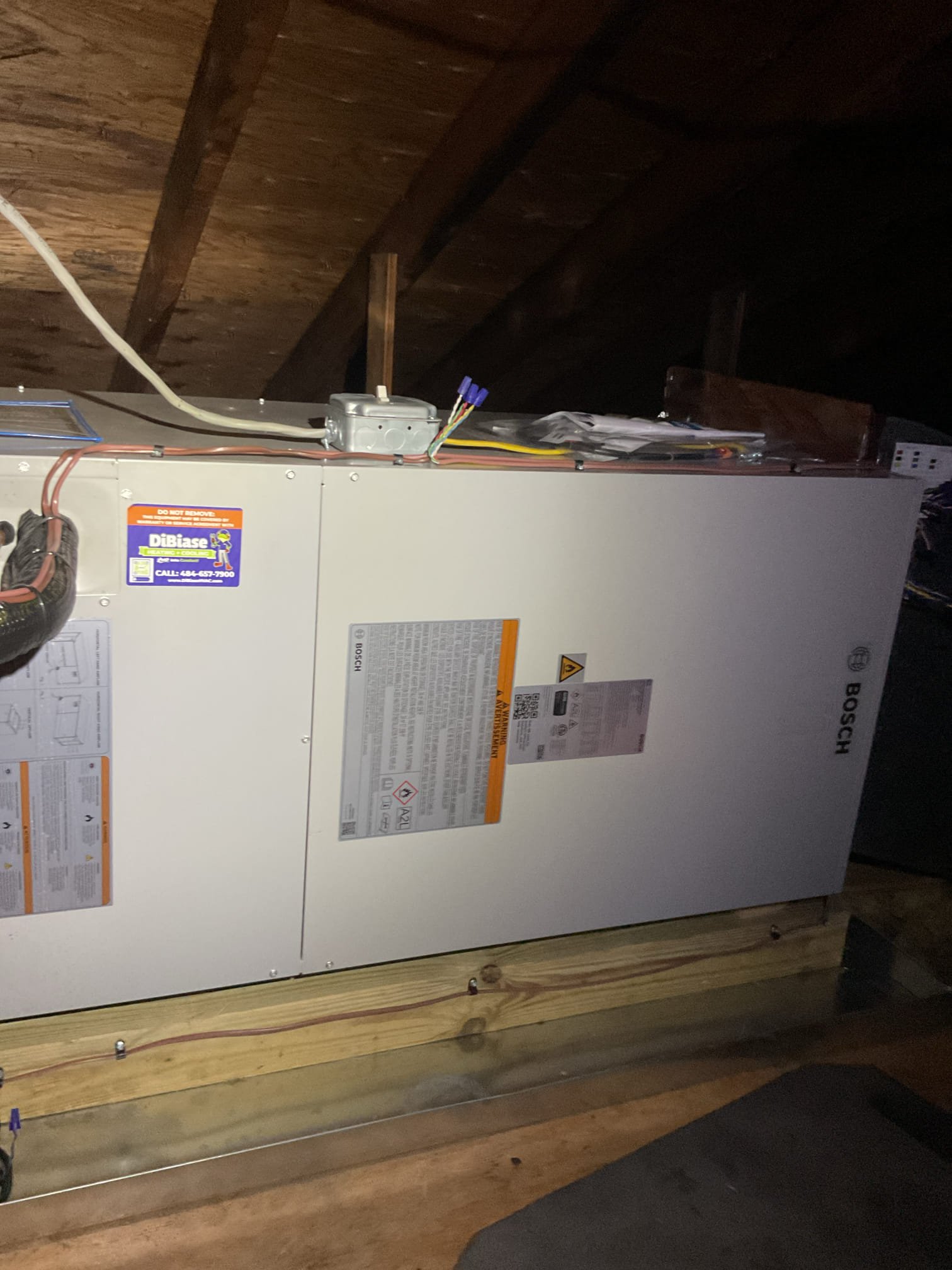 Completed QA and Heat tune up for Bosch inverter installed 7/2/25.

Aux heat is boiler with 3 zones. Boiler power switch was OFF. Turned on and tested operations. Expansion tank has failed. Pressure relief valve is not piped correctly. Feed valve bypass has failed. Automatic air vent above air scoop is very old. It did eventually let out some air but also recommend replacing this at the same time as feed valve, expansion tank and pressure relief valve. Provided estimate. Strongly recommend boiler plan membership.

Completed Quality assurance for Bosch inverter. Checked all aspectea of install mechanical, ductwork, wiring, controls.
Set aux net maximum outdoor temperature to 40°
Disabled compressor minimum outdoor temperature so heat pump will always run.
Verified settings of power monitor. 

Heat tune up 3 ton Bosch inverter.

Indoor and outdoor coils in good condition 
Inspected wiring, controls, electric motors and components; indoor unit has surge protection at 240V circuit. Outdoor