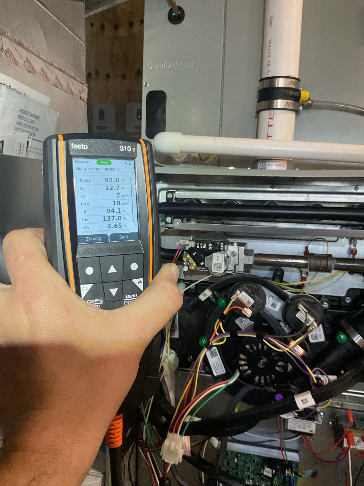 
Completed heat tune up for natural gas furnace.

Aprilaire 413 filter ok. Replaced 6/13/25
Inspected heat exchanger, burners, flue pipe, inducer assembly and hoses
Inspected hot surface ignitor and verified resistance with meter
Cleaned flame sensor and verified flame rectification circuit
Measured temperature rise and static pressure
Checked wiring, controls, electric motors and components; 
Checked manifold gas pressures
Inspected drain and pump.

Homeowner approved humidifier maintenance. Replaced Aprilaire 35 water panel. Cleaned housing and tray. Verified operations. Opened bypass damper and set humidistat to 35% target relative humidity. Noticed the saddle valve that feeds the humidifier is a little corroded. Provided estimate to replace this with a 1/2” propress or other similar style quarter turn feed valve. Will also allow for better control of water flow to humidifier. 

Combustion, draft and smoke tests: Pass

Gas furnace is operating well at this time. 