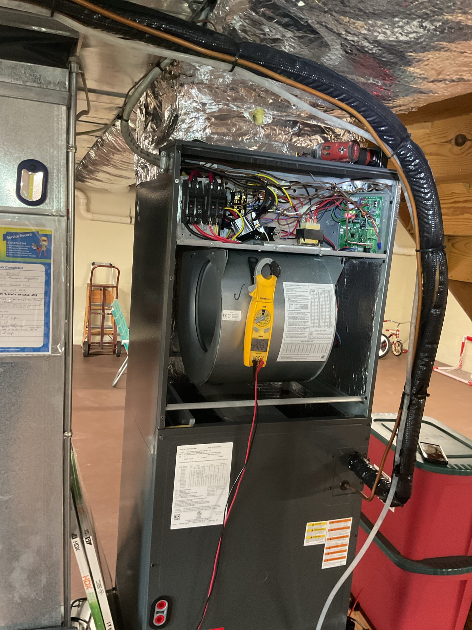 Luis 10-29-25 perform heat pump tuneup on a two stage communicating Amana heat pump inspect air filter. OK at this time test 15 KW electric heaters inspect coils and blower motor. Check airflow supply and return air temps ok. 100-70 regular heat temperatures rise. Check heat pump operation refrigeration cycle ok pressures and levels ok. Check capacitor and control module ok. No error codes are showing. Cycle heat pump ok. Heat pump is working with a manufacturer specifications. Customer knows about surge protection and bacteria protection. Passed on those items for now. 