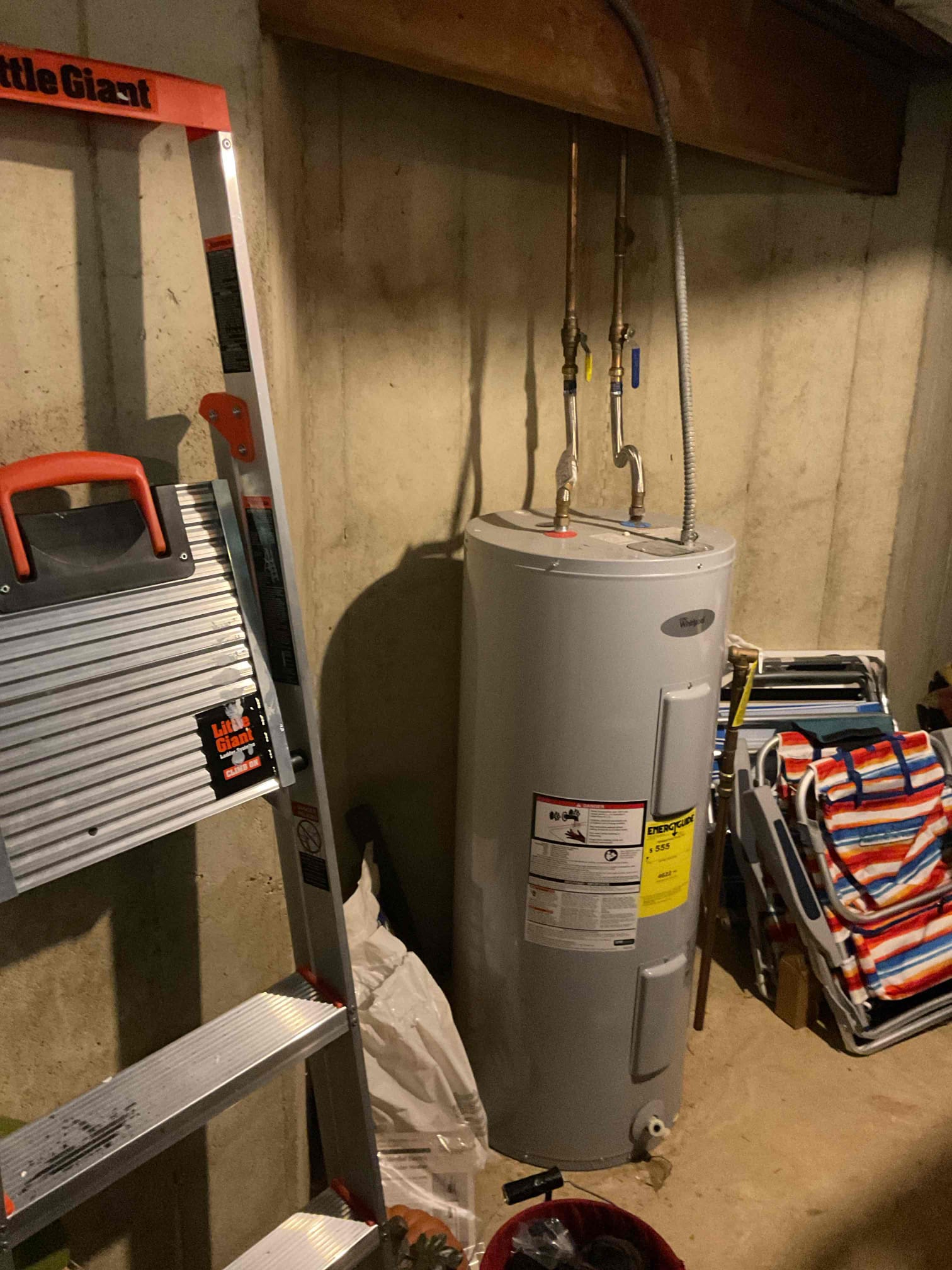 Luis 10-29-25 customer recorded for electric water heater inspection. Customer selling the home. Check water heater operation inspect all piping. There is two leaks. One on the cold water side nipple (flex nose adapter shark bite). And other leak is at bottom element connection. I test both elements. 18 amps at 245 volts. Water pressure 50 psi. There is check valve on main water coming in (no expansion tank is installed) expansion tanks are required when there is check valve. Relief valve is original to tank. I provided estimate for repairs, water heater is heating the water but needs some work. Customer will decide what to do I also provided estimate to replace water heater. Water heater inspection failed. 