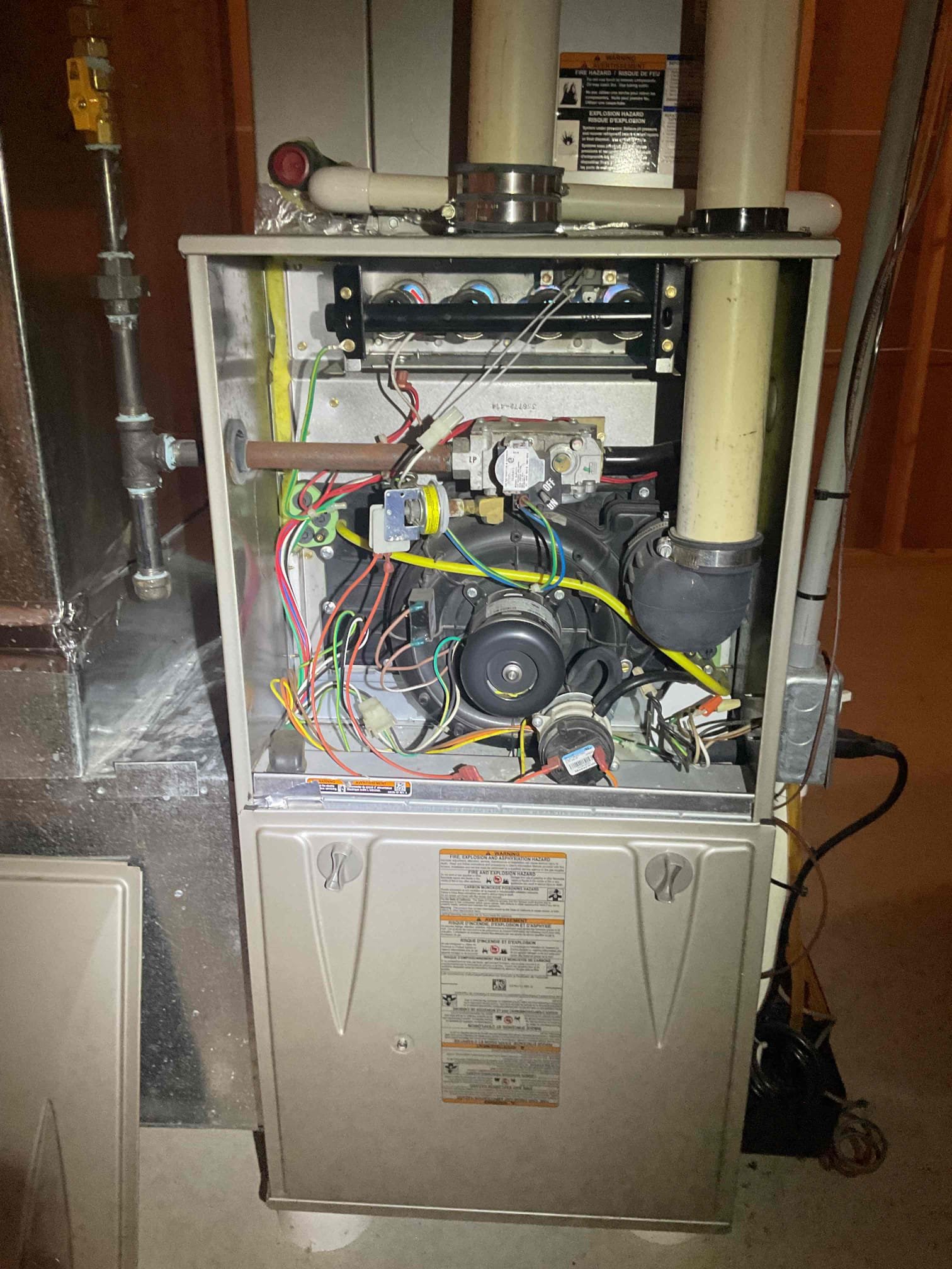 Luis and Conner 10-30-25 Performed gas heat tune up on 2 propane furnaces located in basement. Checked proper function from thermostat. Inspected electrical systems and components both low and high voltages. Inspected air delivery system, combustion removal system, and ignition system. All system components showing wear, majority of parts are original to System. We can provide estimate to replace most important parts from ignition system. Check condensation pumps ok both heaters have water sensors. Cycle both heaters ok. 